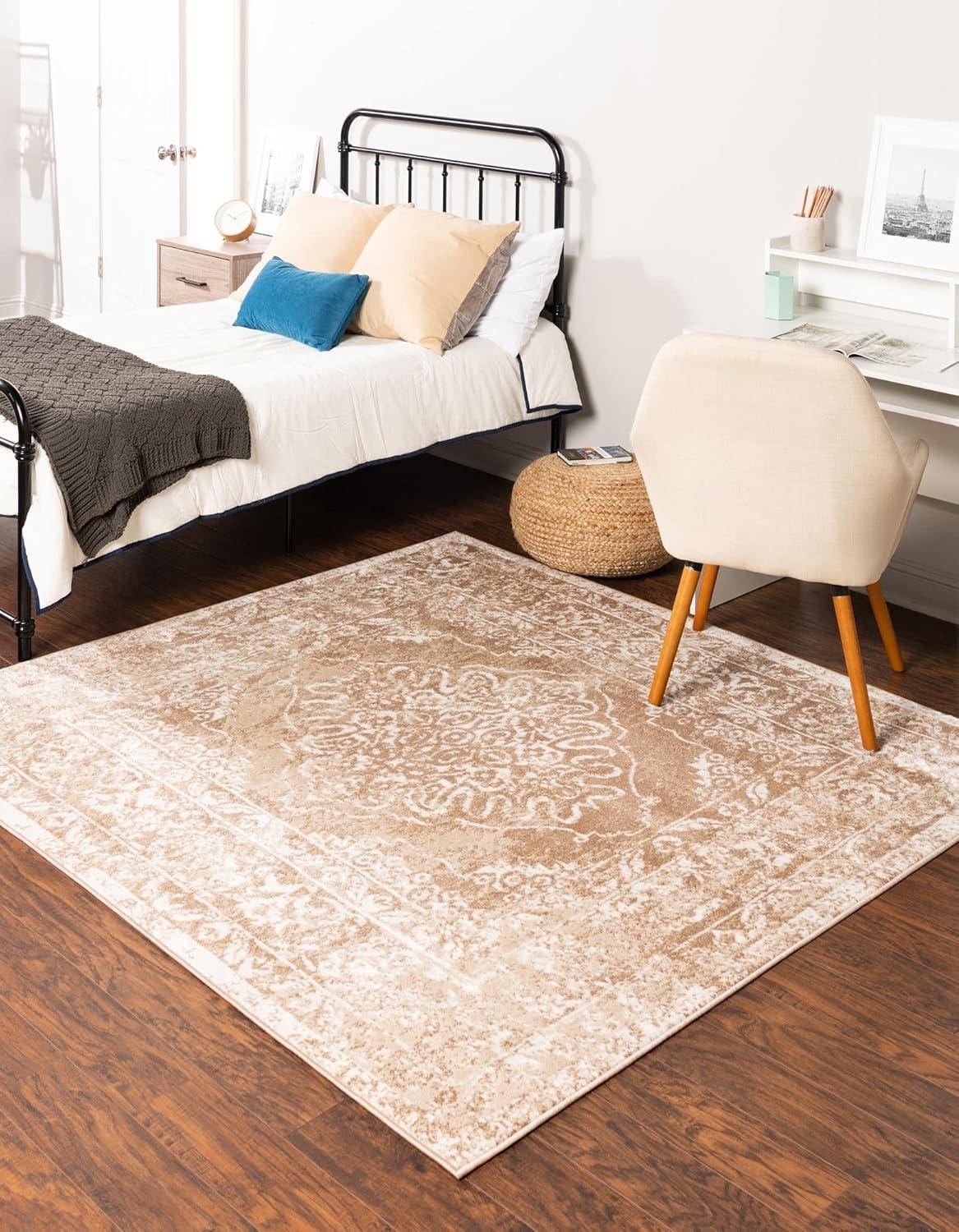 Oxford Beige Floral Synthetic Square Area Rug