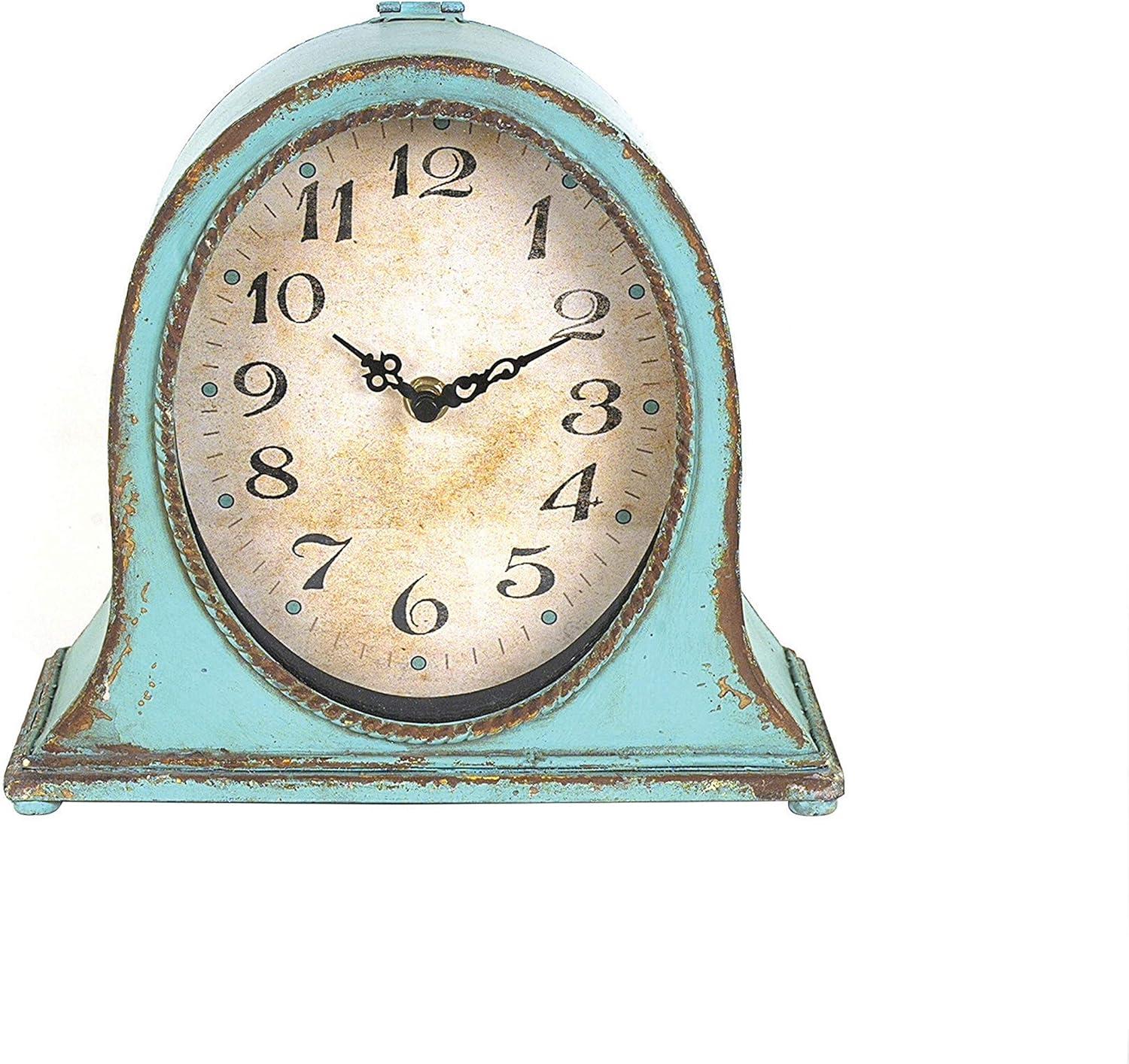 Distressed Aqua Metal Mantel Clock with Wooden Base