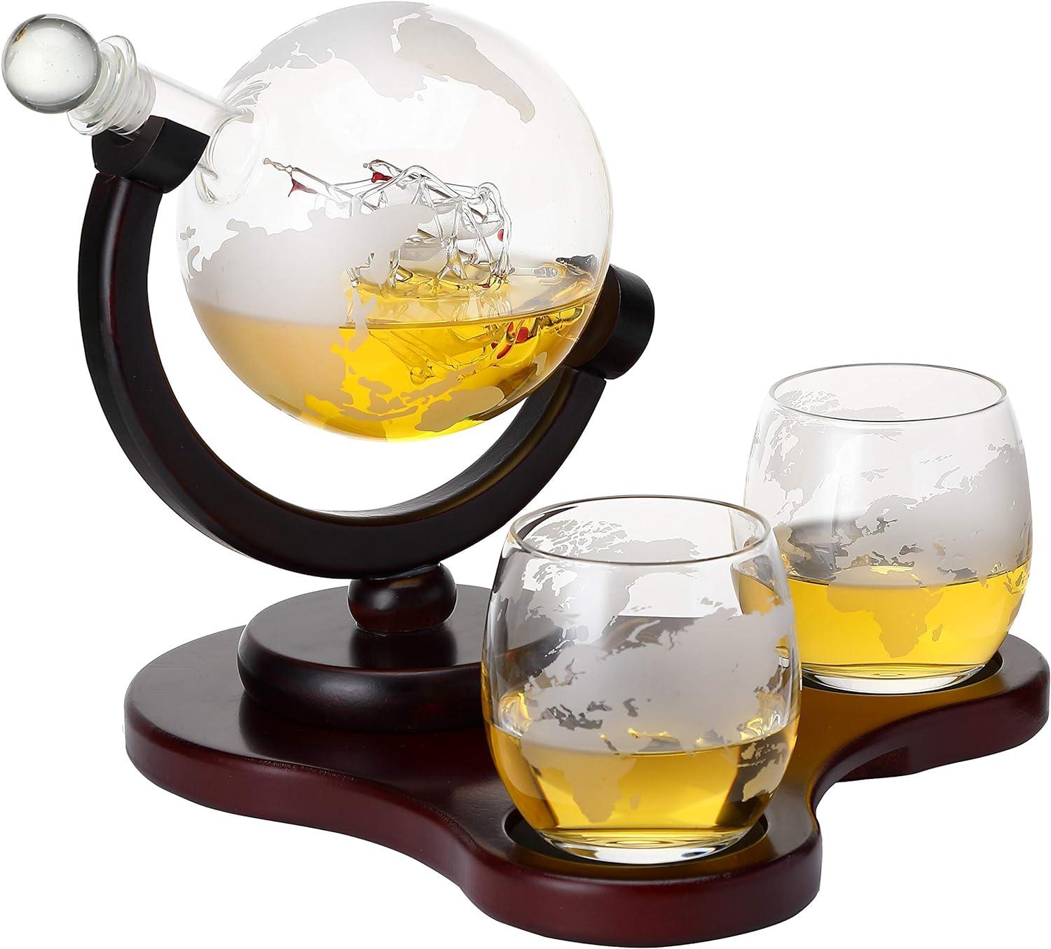 Verolux Whiskey Globe Decanter Set with 2 Etched Globe Glasses in Gift Box - Home Bar Accessories for Men and Women - Perfect Gift for Valentine's day, Wedding, Birthday, Father's day, Christmas