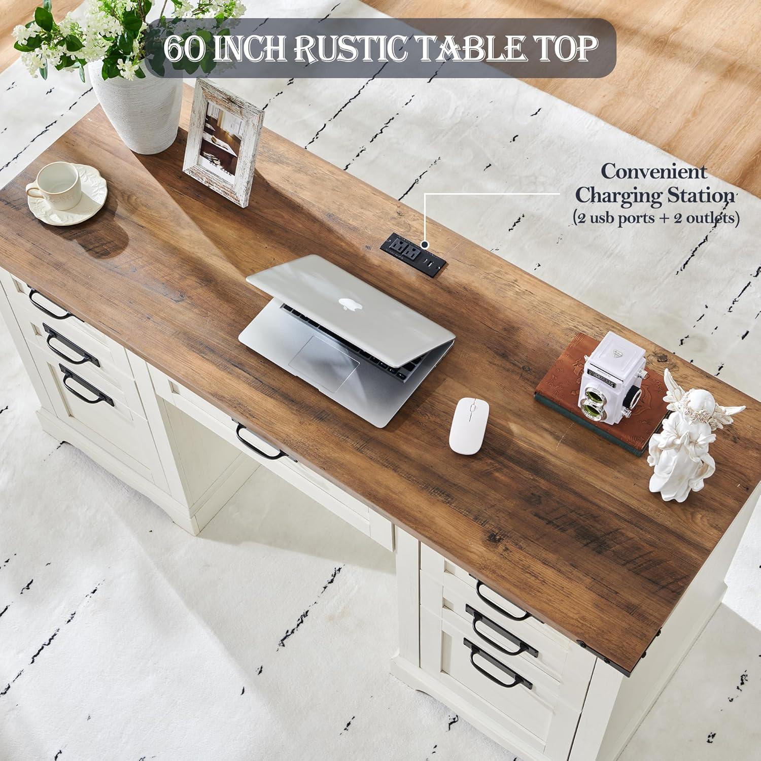 RedLemon 60" Farmhouse L Shaped Desk with Drawers, Wood Home Office Corner Executive Desk with Charging Station, File Drawer, Storage Cabinet, Rustic Computer Writing Desk (Light Rustic Oak)