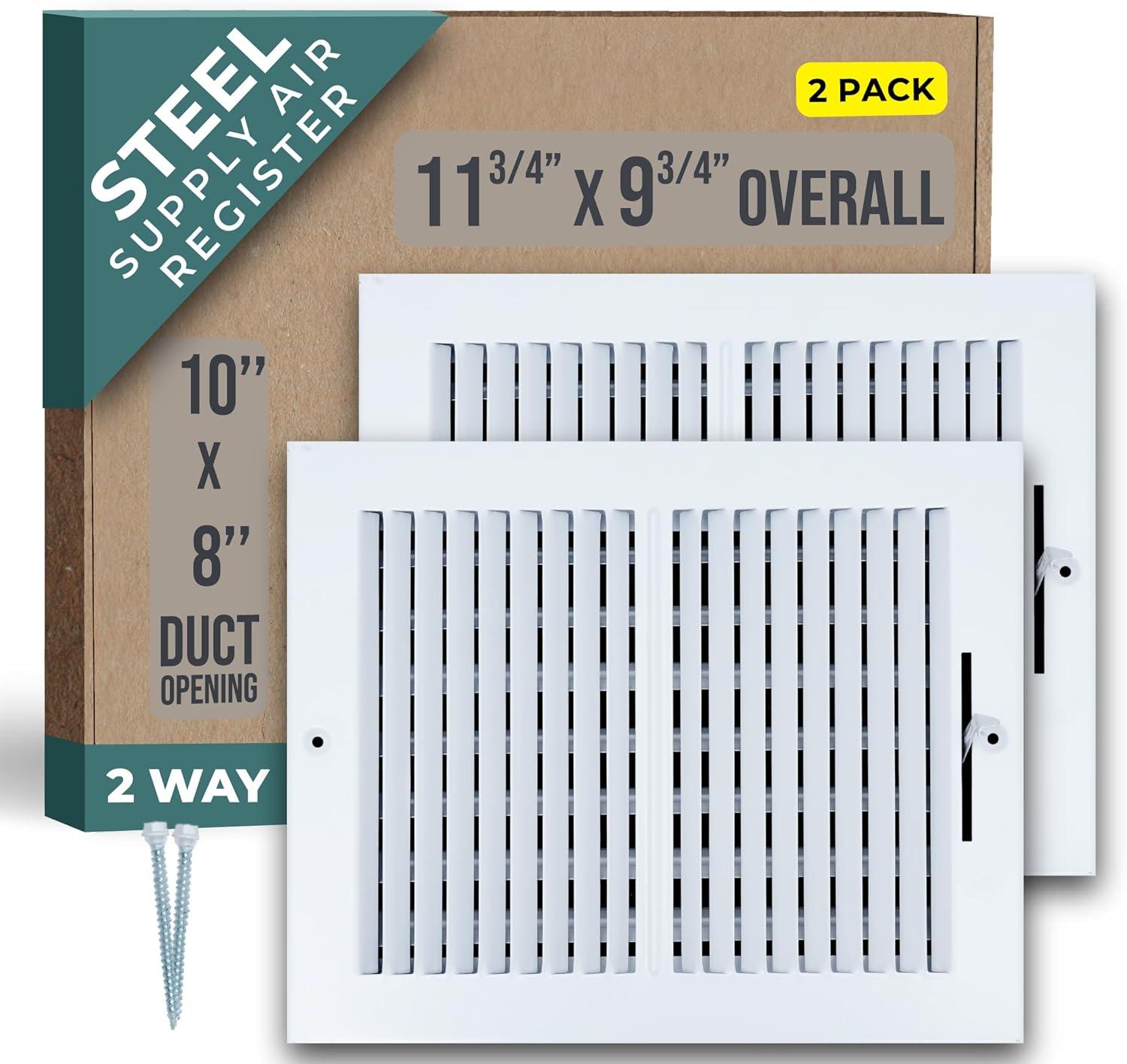 White Steel 10x8 Duct Opening 2-Way Air Supply Register Vent Cover