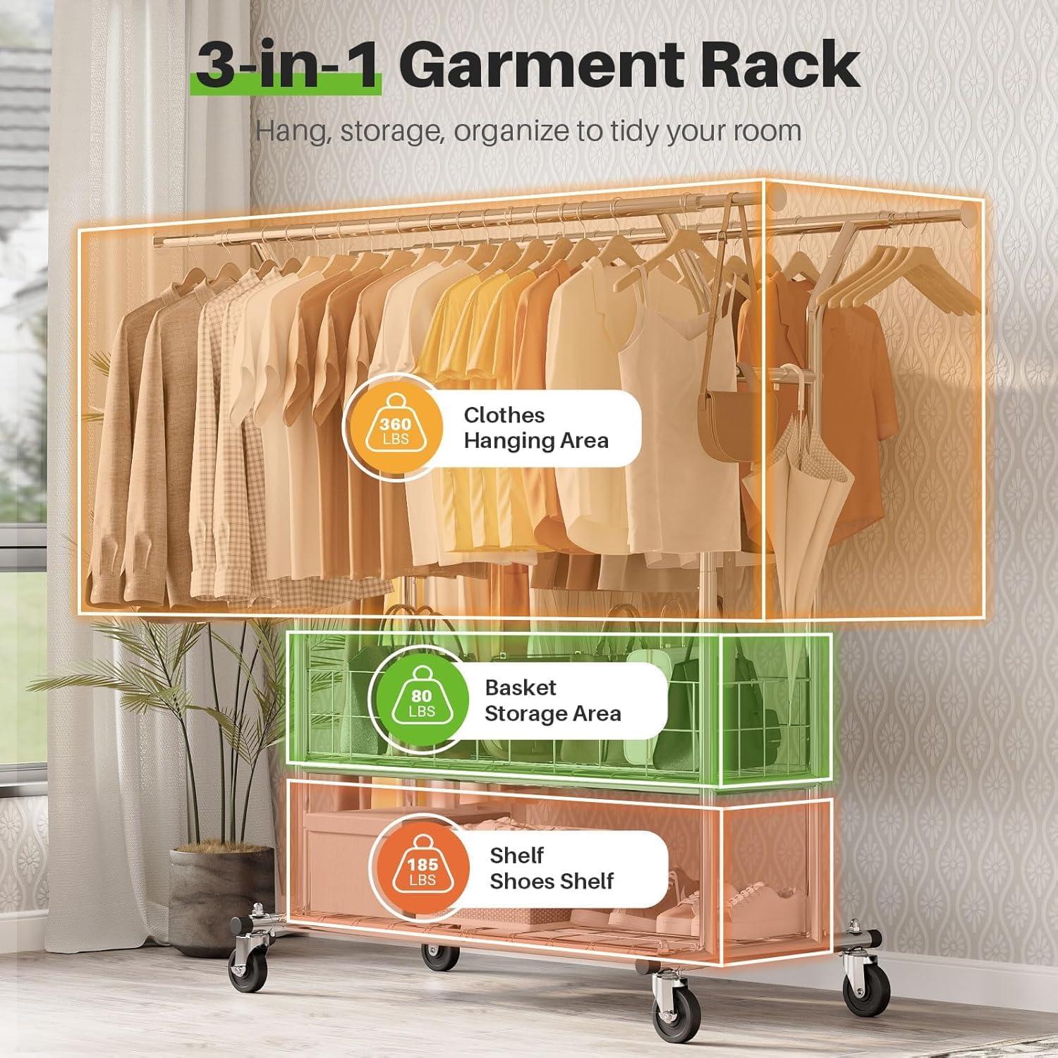 HOKEEPER Heavy Duty Clothing Clothes Rack for Hanging Clothes Adjustable Rolling Garment Rack with Wheels for Bedroom, Living Room (Double Rod with Metal Basket)