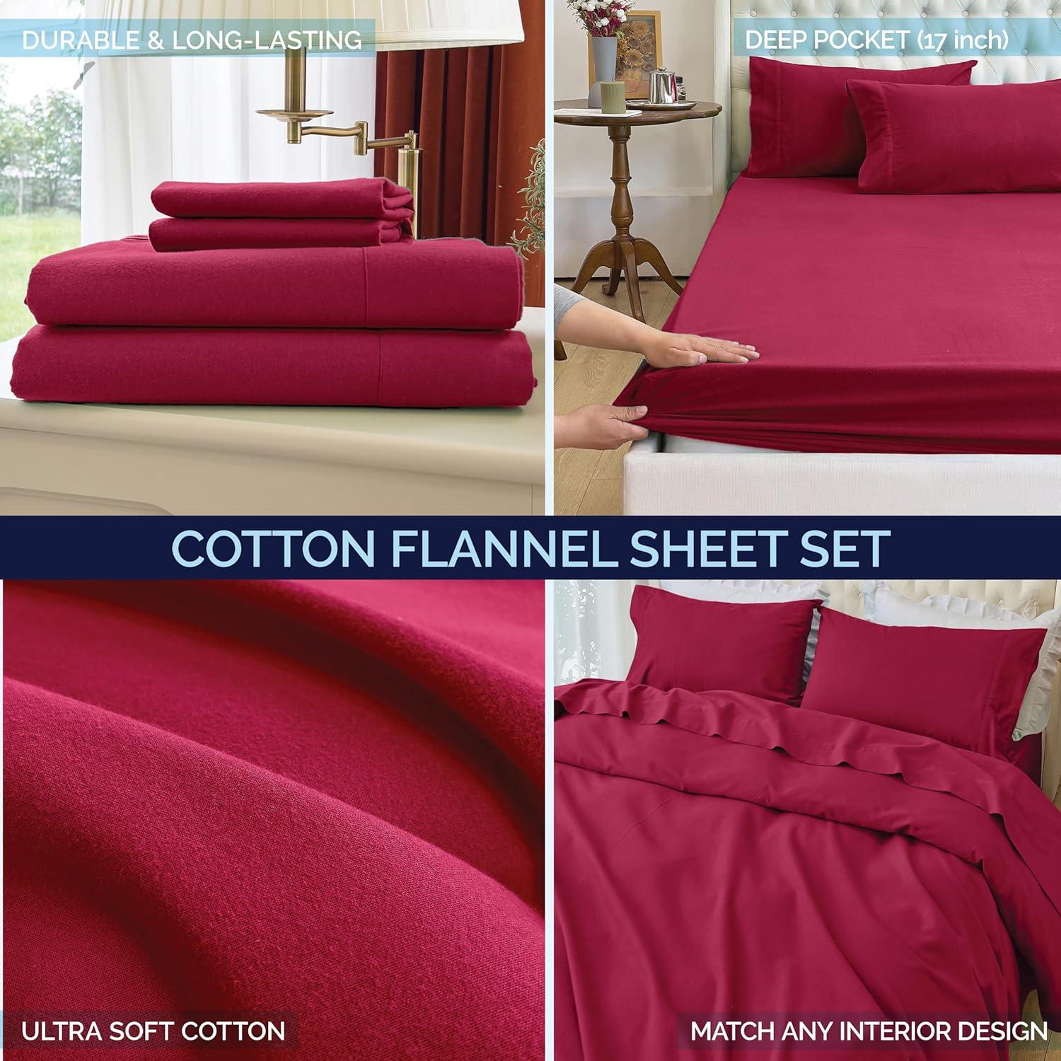 100% Turkish Soft Cotton Flannel Sheet Set - 4-Piece - Deep Pocket Fitted Sheet, Flannel Sheets - Queen, Burgundy