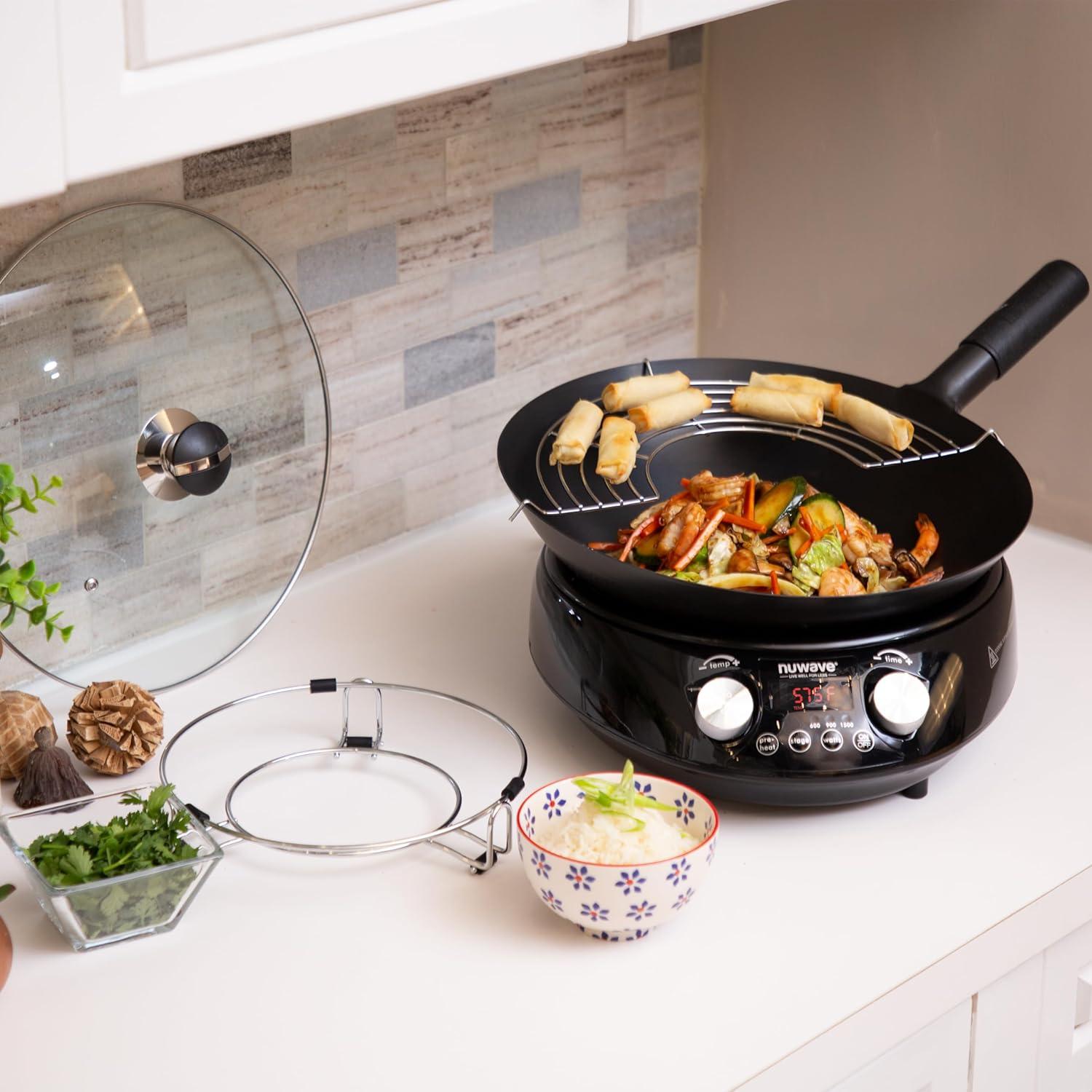 NuWave 14-Inch Black Carbon Steel Induction Wok with Glass Lid