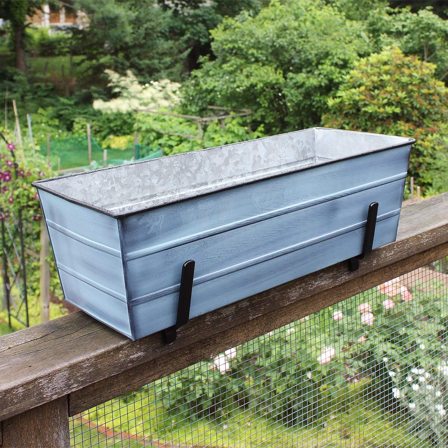 24" Medium Galvanized Steel Rectangular Box Planter with Brackets for 2 x 6 Railings Nantucket Blue - ACHLA Designs: Wall-Mountable, Easy Care