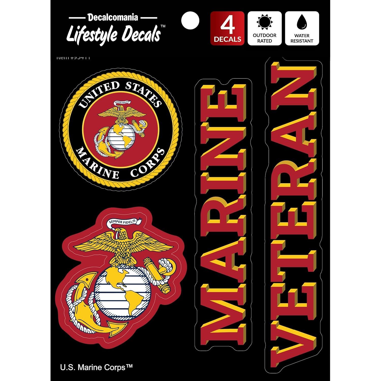 US Marine Corps Veteran Car Decals - Set of 4 USMC Window Stickers EGA Logo Vinyl Decal for Vehicle Truck Bumper Water Bottle Laptop