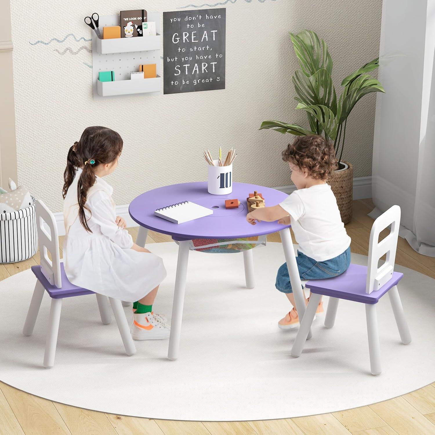 Purple Wooden Kids Table and Chair Set with Storage