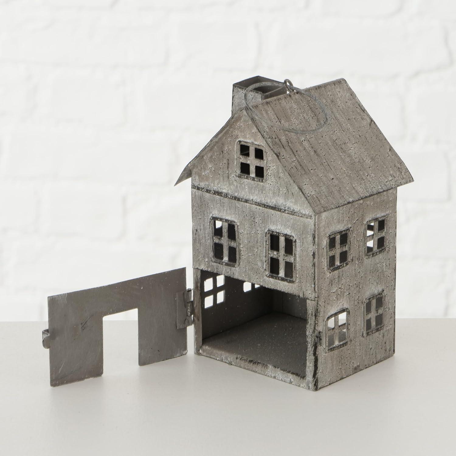 Americana Main Street Town House Candle Lanterns, Set of 3, Vintage Style, Weathered White and Rustic Gray, Metal, Hinged Doors, 14 1/2, 8 3/4 and 5 1/8 Inches Tall