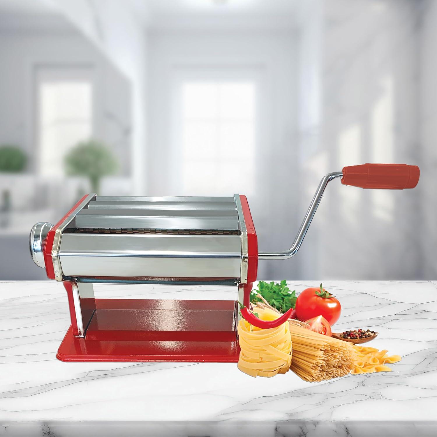 JS Gourmet - Manual Pasta Machine in Stainless Steel, 2 Adjustable Cutting Rollers, Red