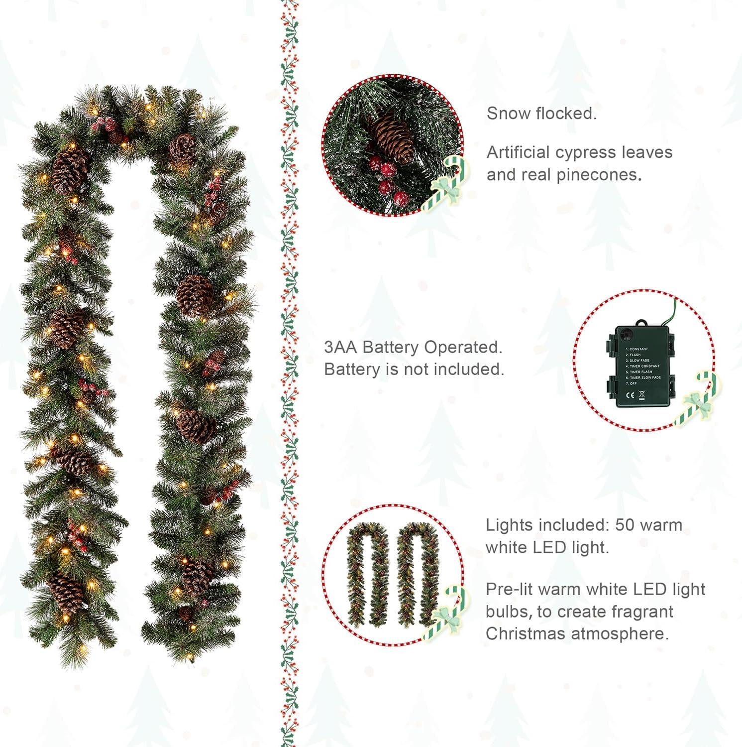 Huge Pre-Lit Artificial Pine Cone Christmas Garland with Warm LED Lights