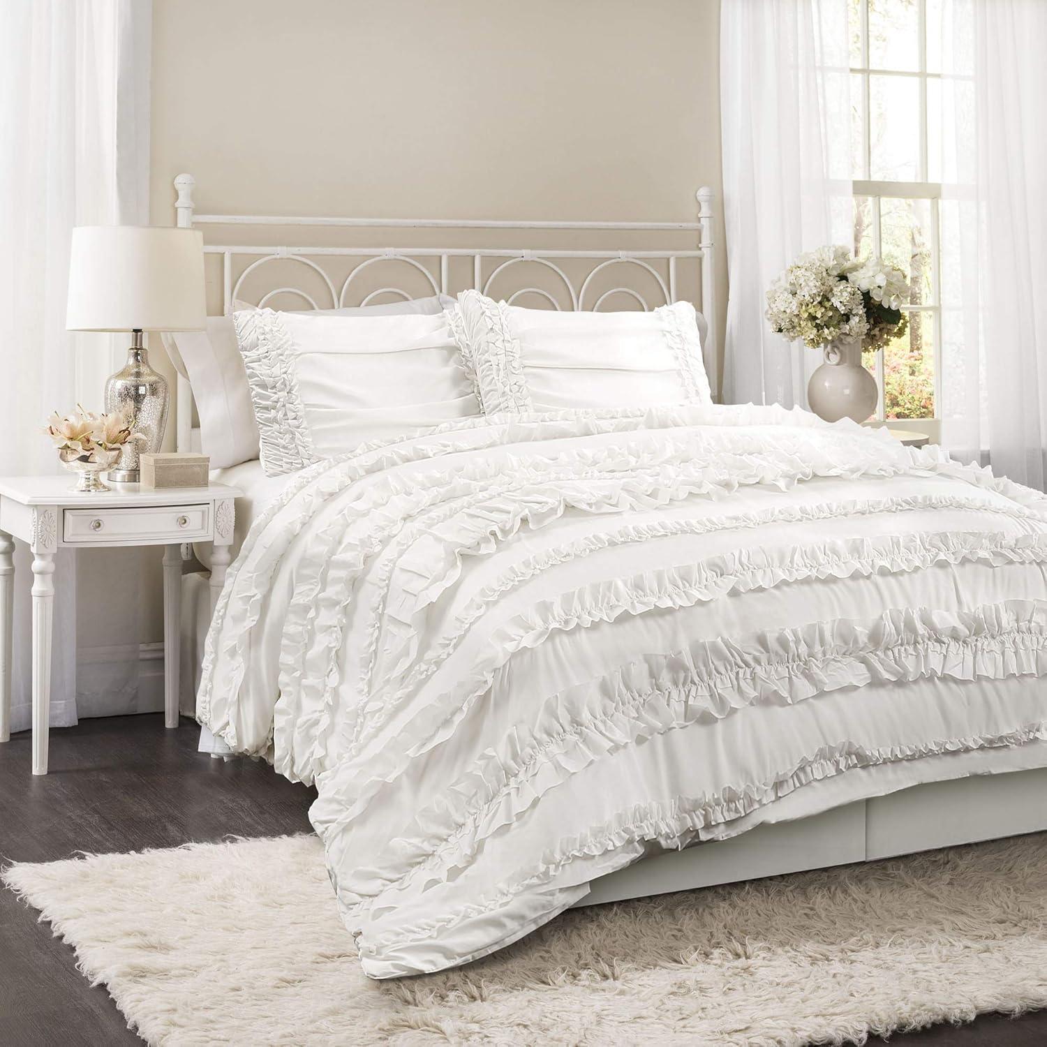 Belle White Microfiber Queen Ruffled Comforter Set