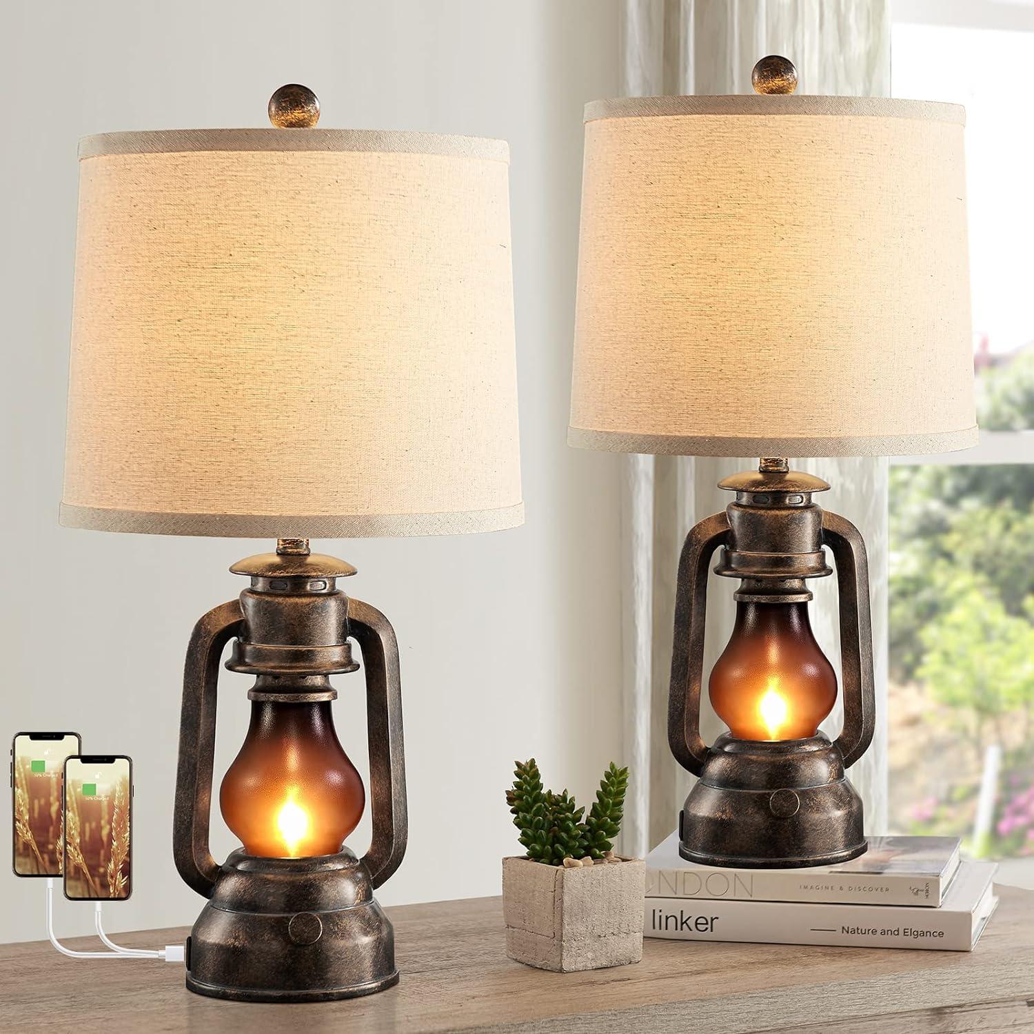 22-Inch Bronze Farmhouse Lantern Table Lamps with USB Ports