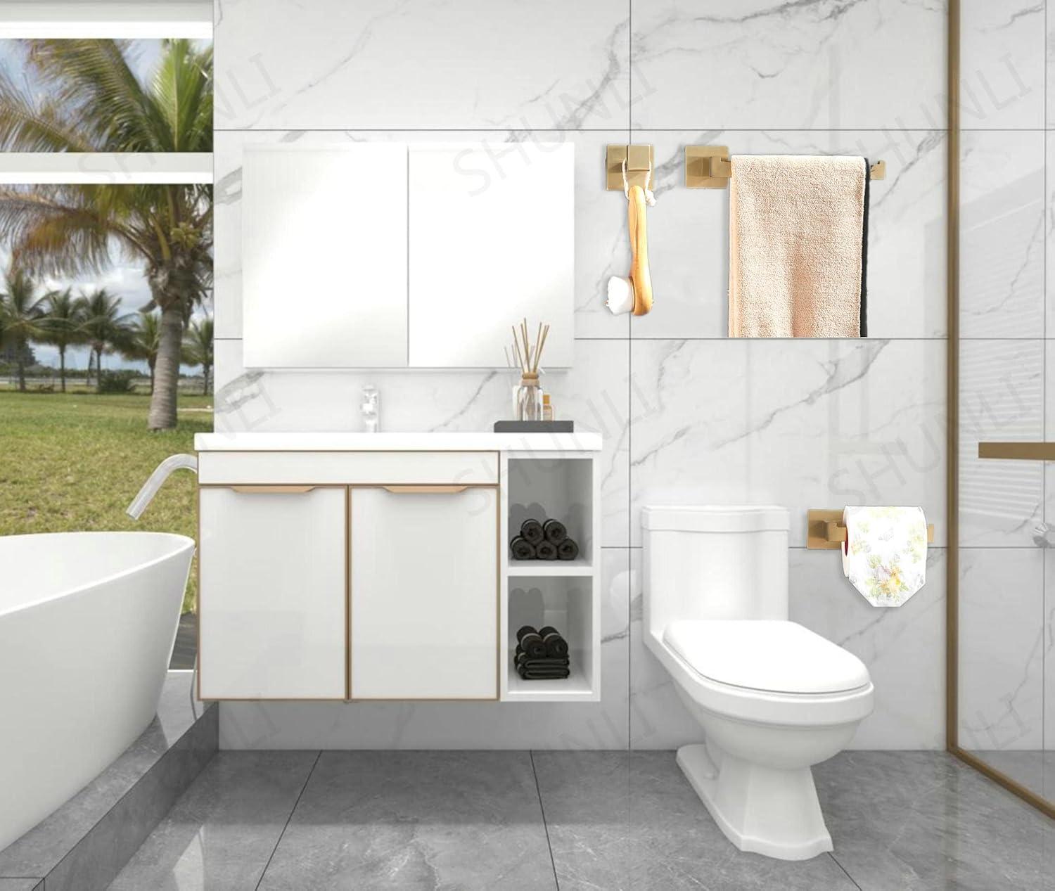 Bathroom Hardware Accessories Set Gold: Brushed Toilet Paper Holder Hand Towel Holder Towel Hook - Wall Mounted Stainless Steel 3 Pieces Towel Bar Set SHUNLI