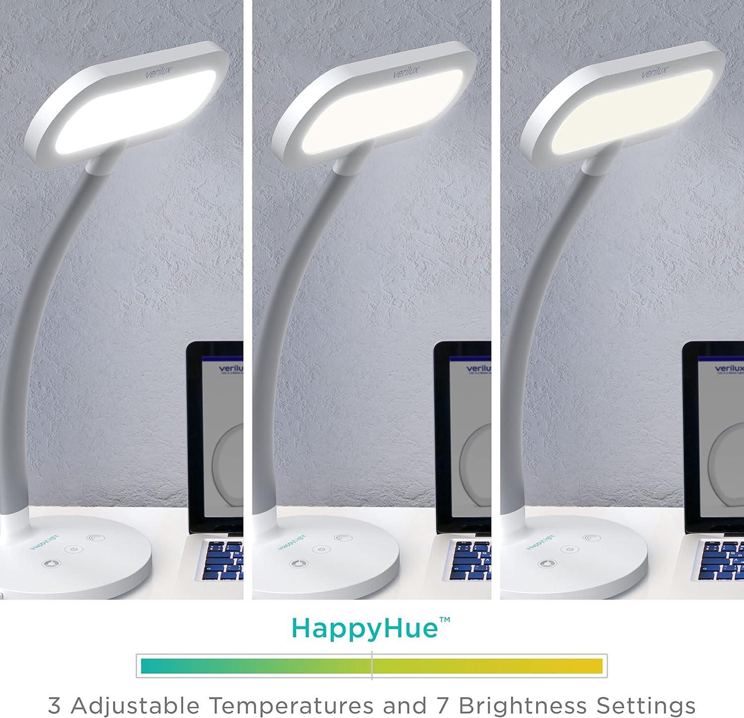 Verilux HappyLight Duo 2-in-1 Light Therapy and Task Desk Lamp White: Modern Design, USB Port, No Assembly Required