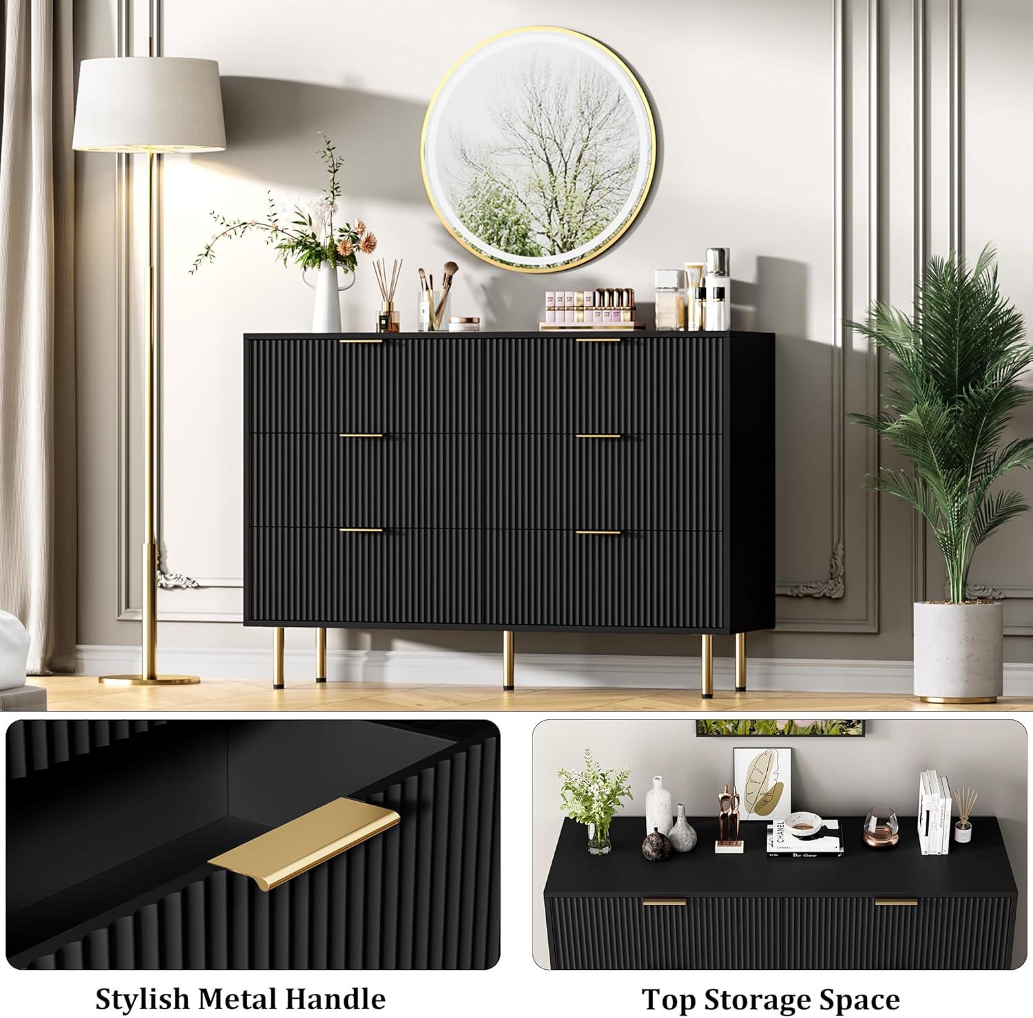 Garvee Fluted Wood Dresser 6 Drawers Dresser for Bedroom, Large Modern Chest of Drawers, Black Dresser with Gold Handle,for Living Room, Hallway