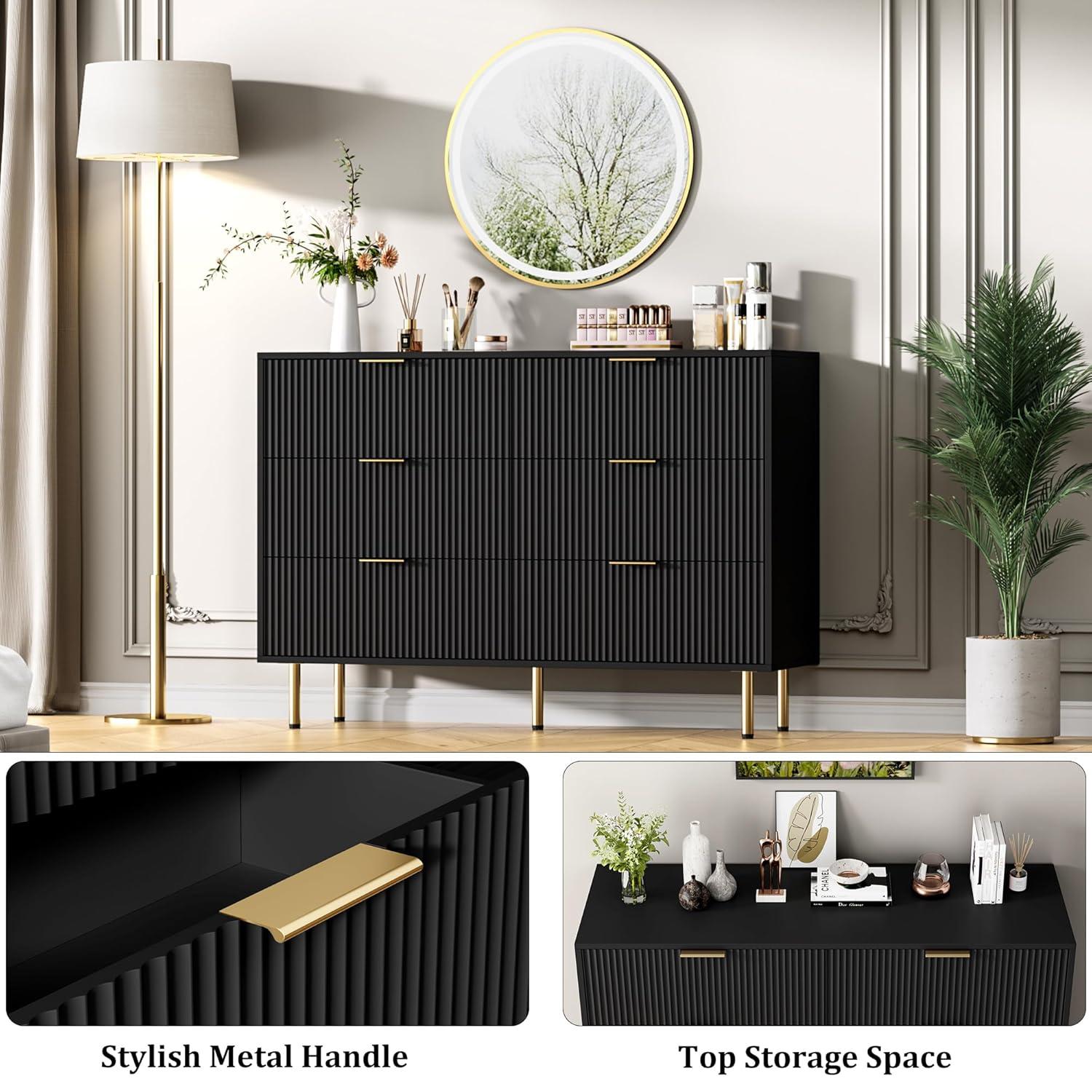 Garvee Fluted Wood Dresser 6 Drawers Dresser for Bedroom, Large Modern Chest of Drawers, Black Dresser with Gold Handle,for Living Room, Hallway