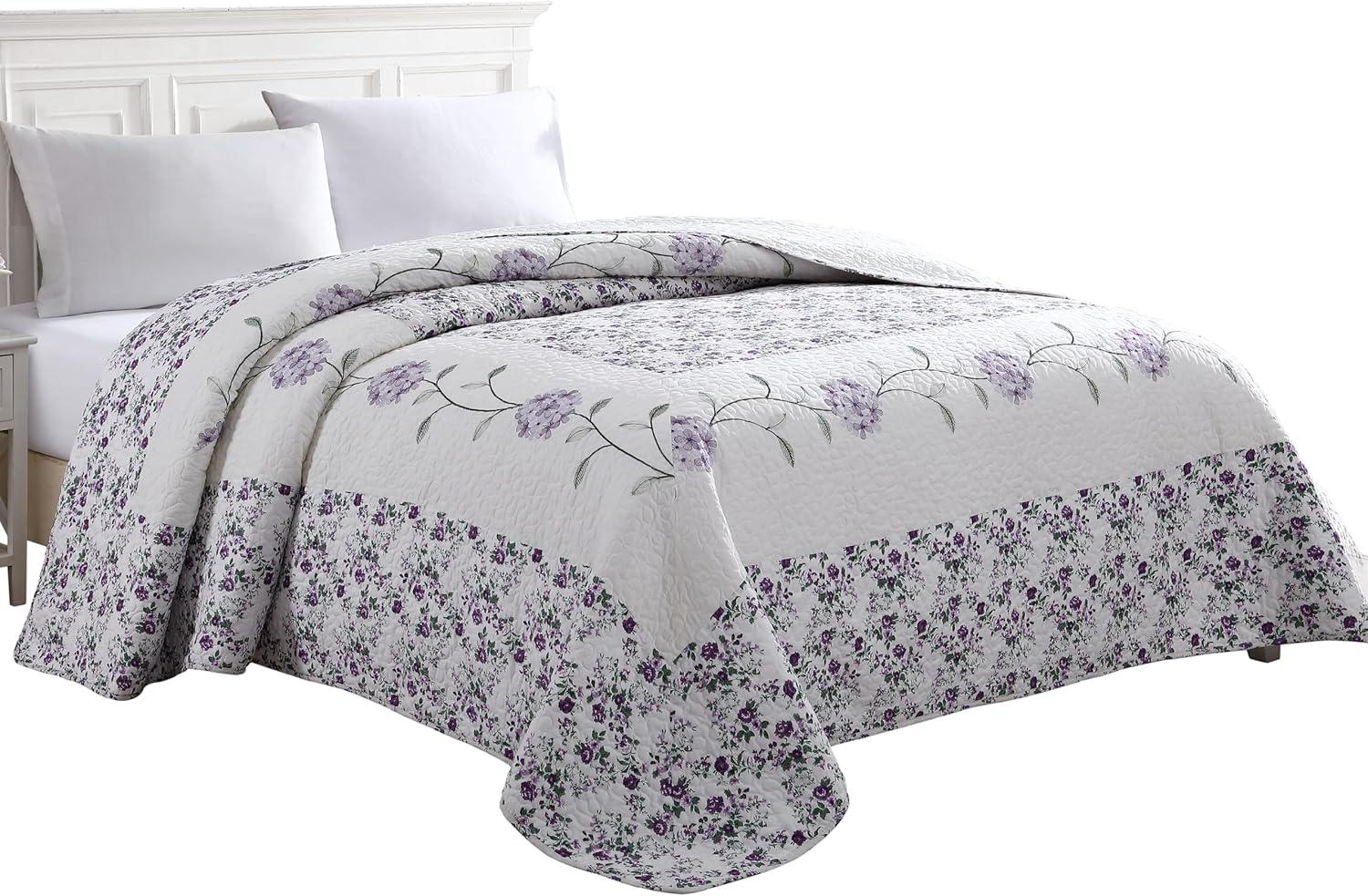 Lavender Floral Embroidered Microfiber Twin Bedspread