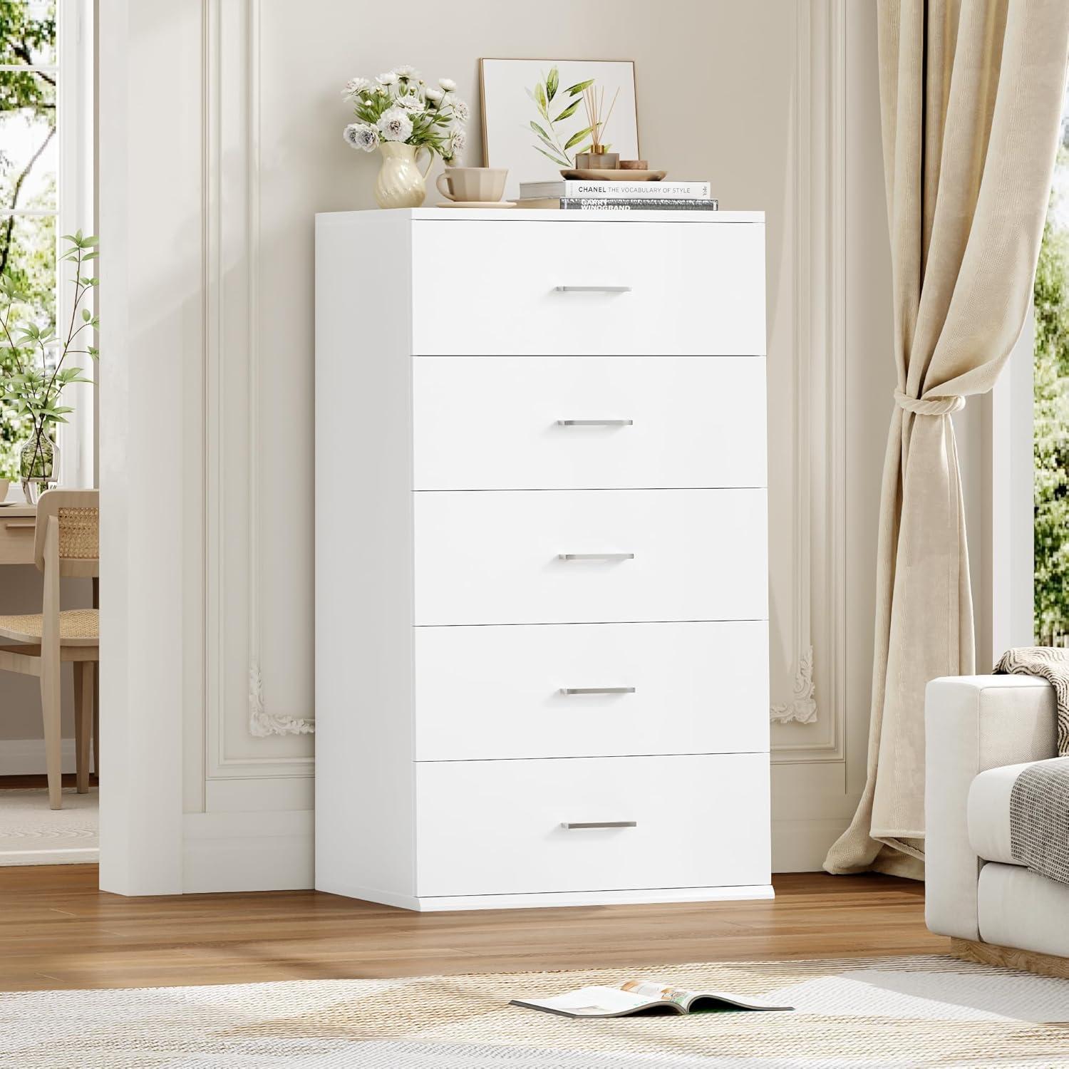 TTVIEW White Dresser, Chest of Drawers with Mental Handles, Tall White Dresser with 5 Drawers, Tall Dressers for Living Room, Kitchen, Entryway