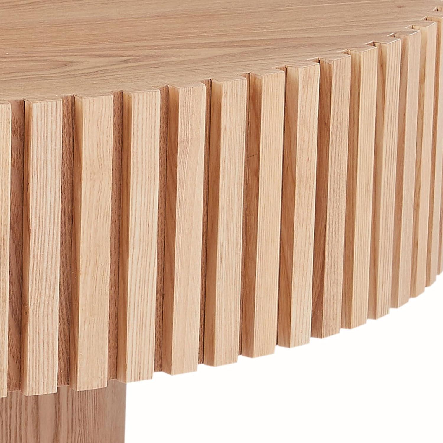 Round Coffee Table, 31.49" Modern Handcraft Relief Drum Circle Wood Table Side End Accent Center Table for Living Room, Small Space, Apartment, Natural Ash
