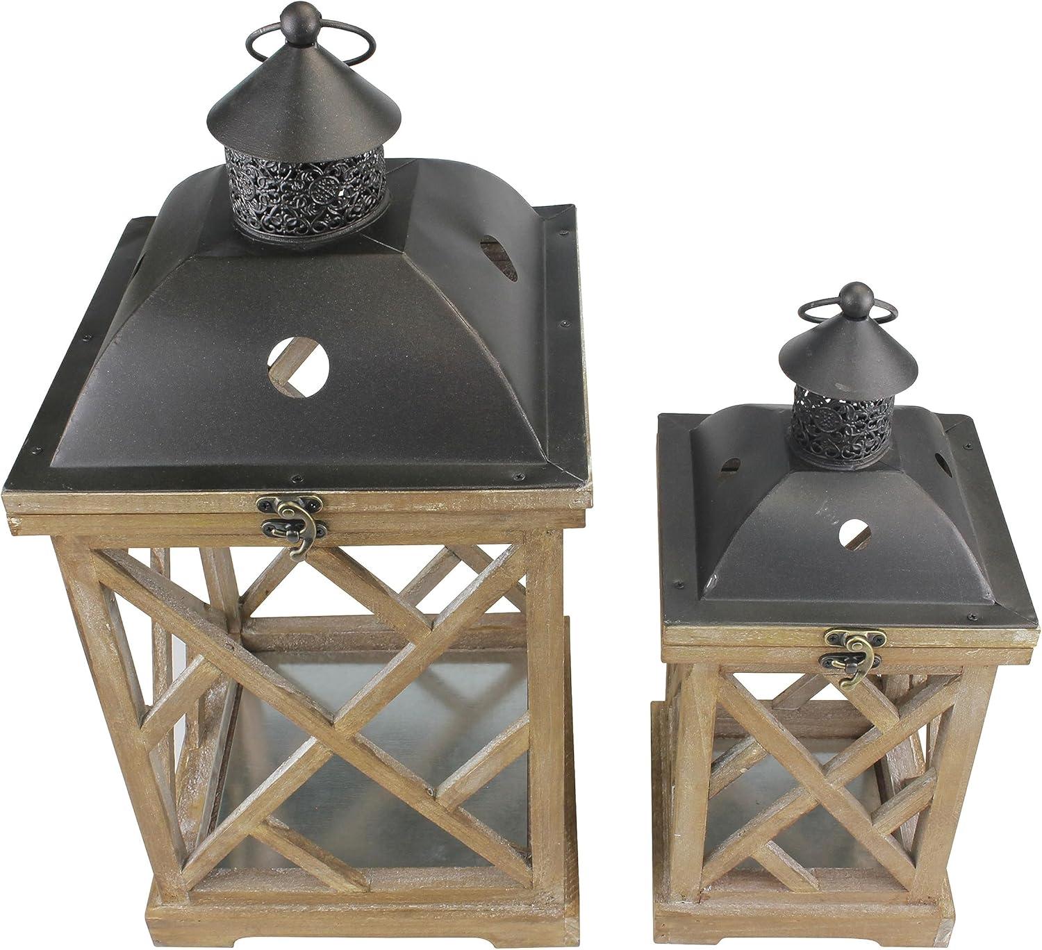 Stonebriar Collection Set of 2 Wooden and Metal Hurricane Candles Lantern Brown : Indoor/Outdoor, Pillar Compatible