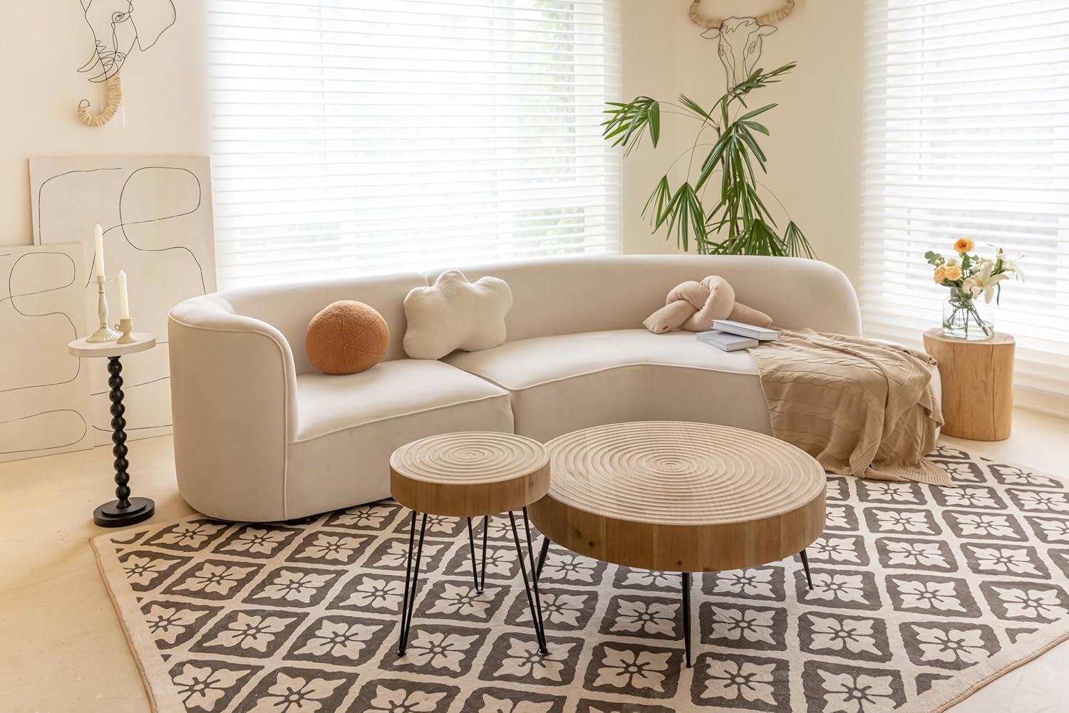 Round Natural Wood and Metal Nesting Coffee Table Set