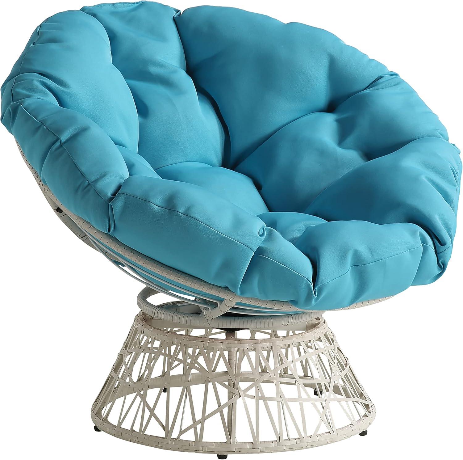 Office Star Products Papasan Chair with Round Pillow Cushion and Cream Wicker Weave Light Blue