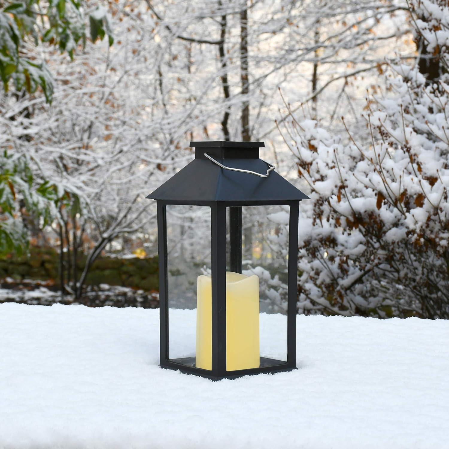LumaBase Traditional Black Solar Powered Lantern with LED Candle