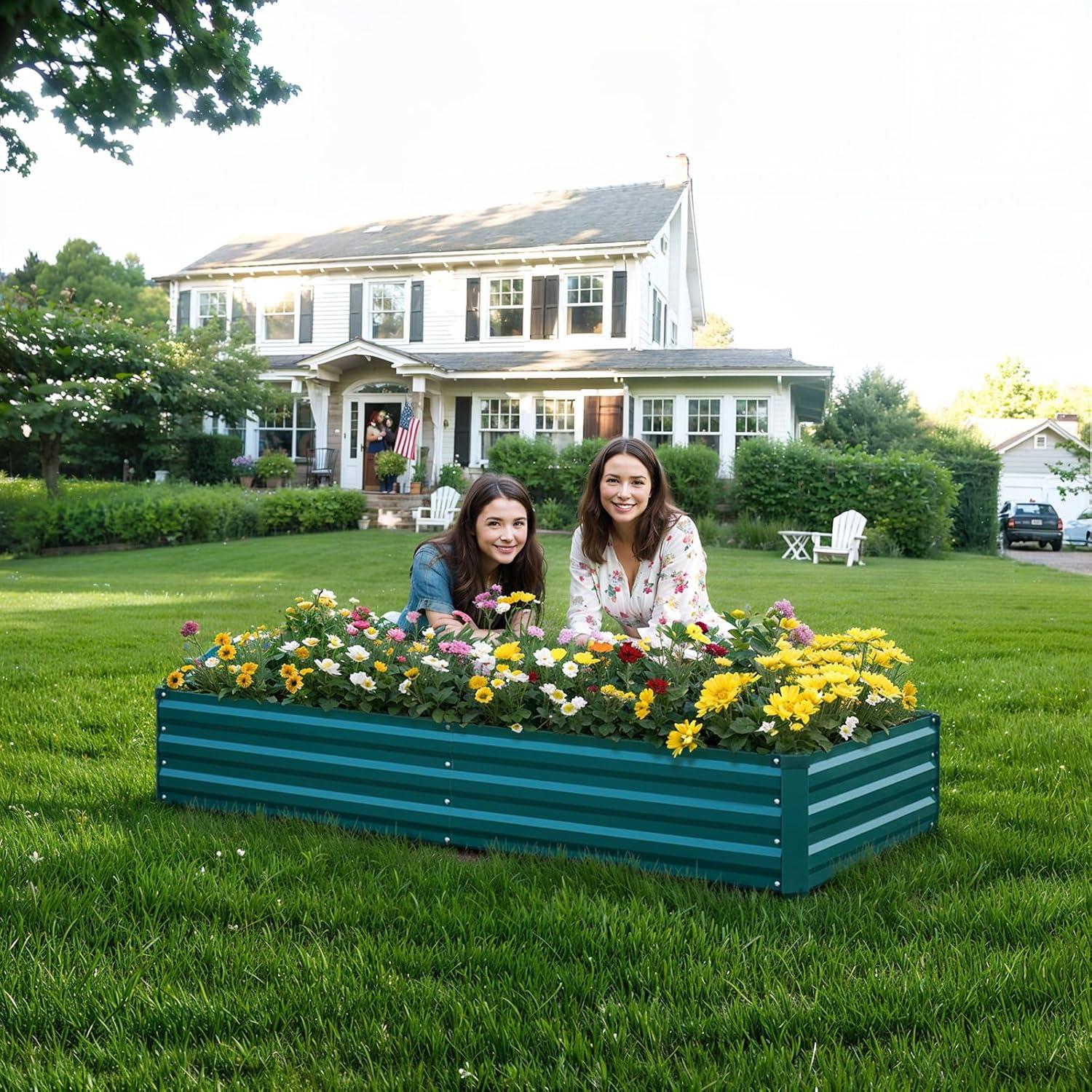 Green Galvanized Steel Outdoor Raised Garden Bed, 8x4x1FT