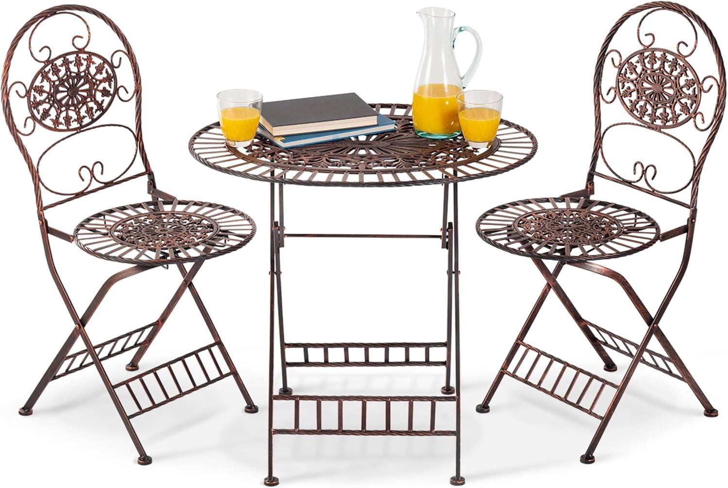 Alpine Corporation 3-Piece Metal Floral Outdoor Patio Bistro Set, Brown