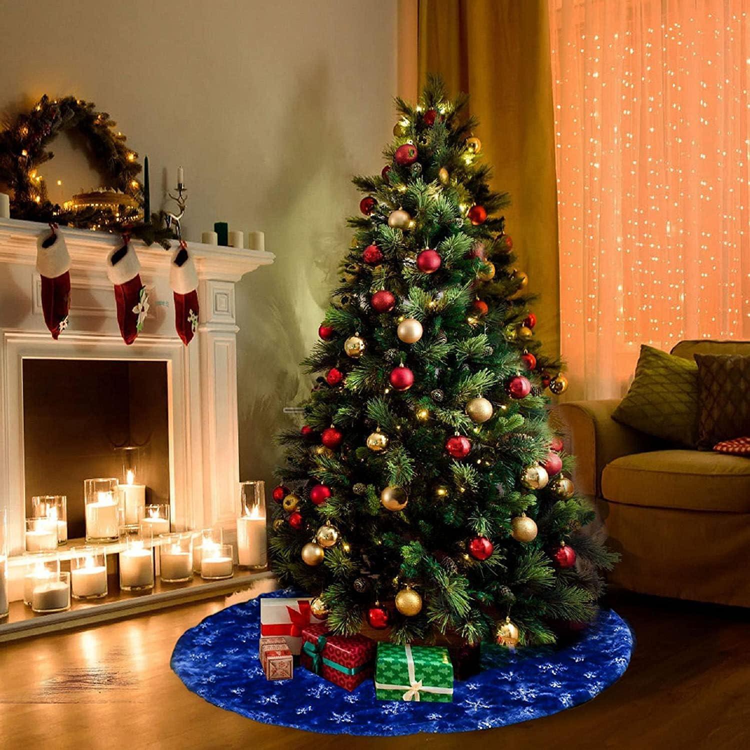 30-Inch Dark Blue Faux Fur Christmas Tree Skirt with Silver Sequin Snowflakes