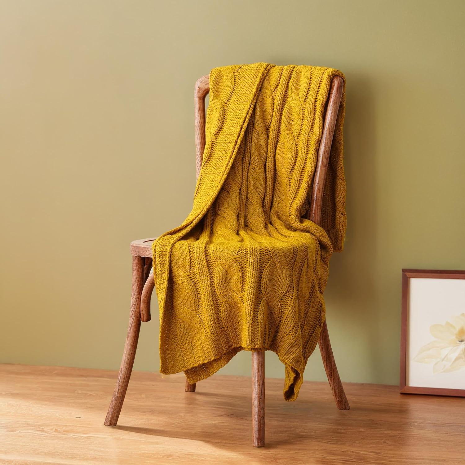 Battilo Mustard Cable Knit Blankets,Yellow Herringbone Blankets,Dorm Essentials,50" x 60"