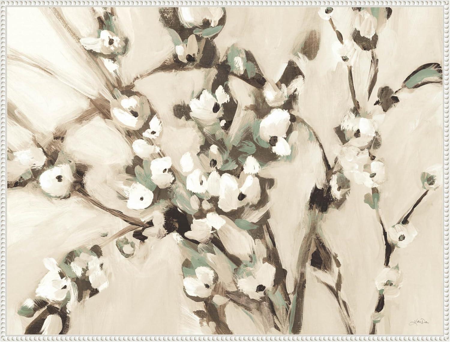 Wild Floral Branches Neutral Canvas Art with White Beaded Frame