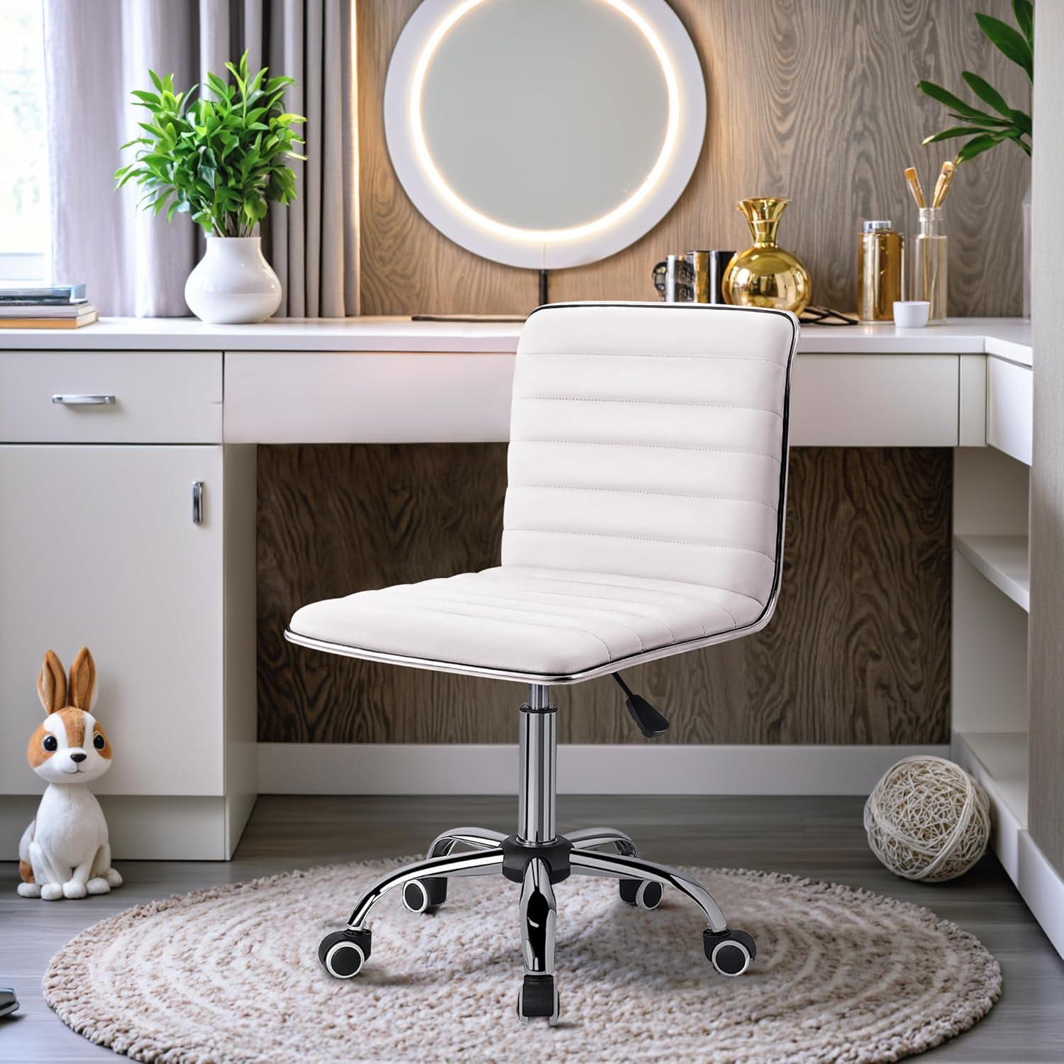 Furmax Leather Swivel Office Chair - Mid Back Vanity Chair for Makeup Desk, Armless Ribbed Task Chair with Ergonomic Support (White)