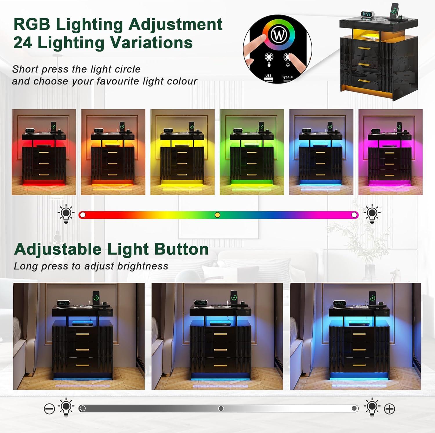 HNEBC Smart LED Nightstand with Wireless Charging & USB Ports, High Glossy Night Stand with 3 Drawers and 1 Pull-Out Tray, Modern Bedside Table with Human Sensor for Bedroom (White)