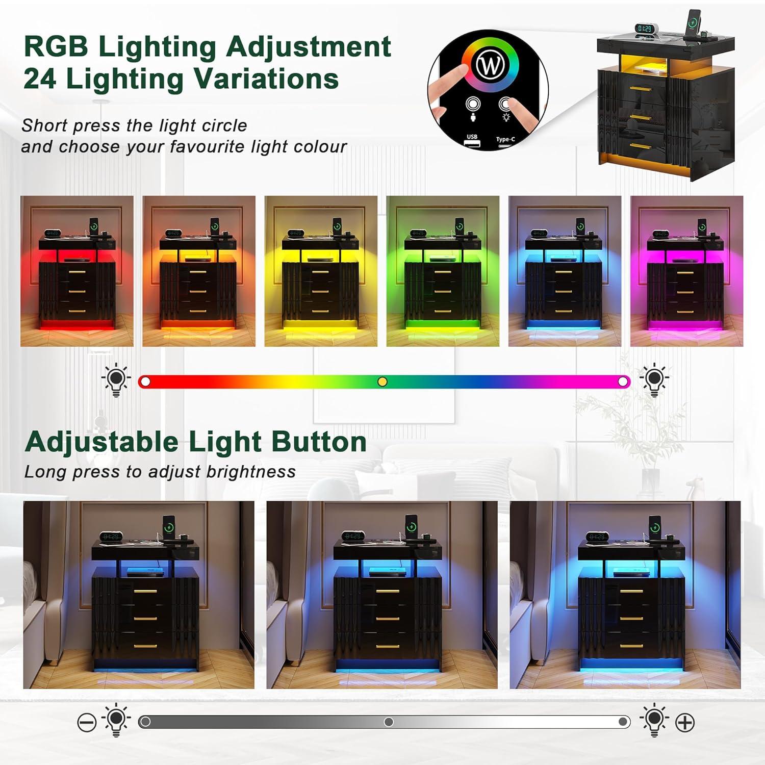 HNEBC Smart LED Nightstand with Wireless Charging & USB Ports, High Glossy Night Stand with 3 Drawers and 1 Pull-Out Tray, Modern Bedside Table with Human Sensor for Bedroom (White)