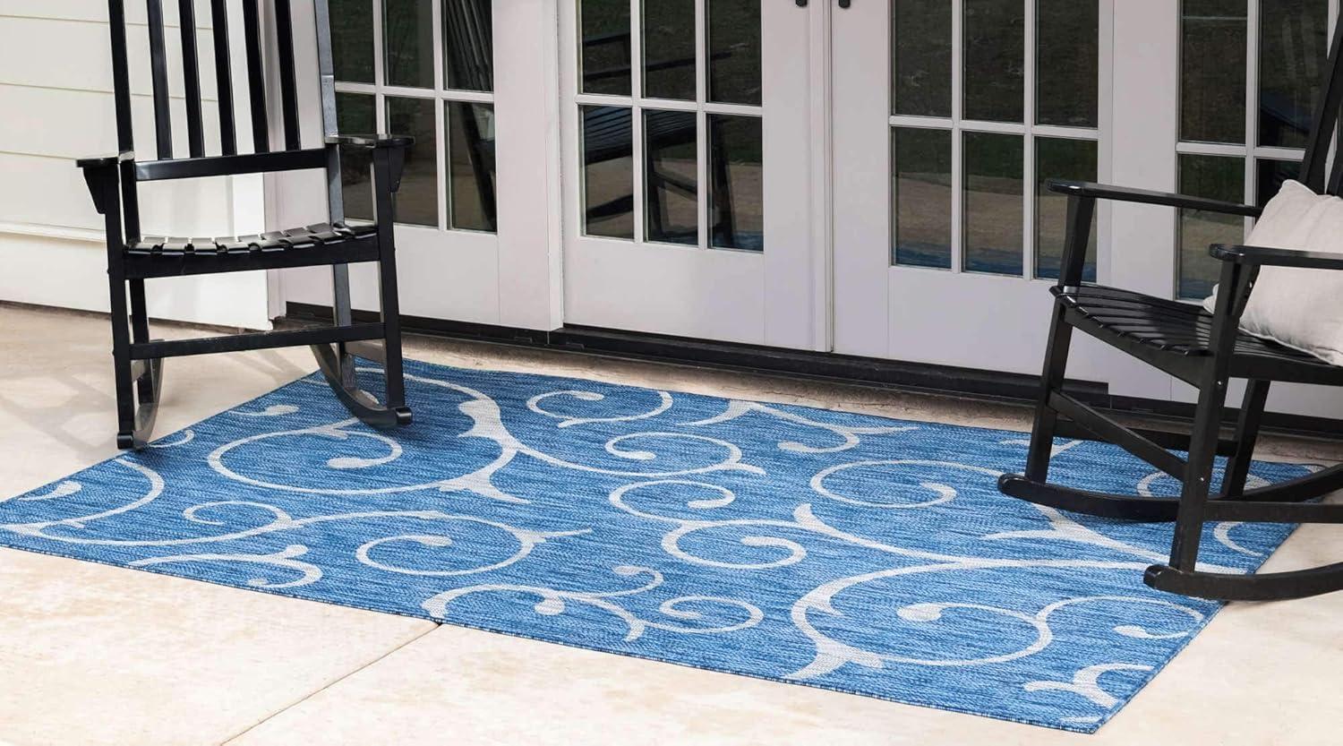 Unique Loom Outdoor Botanical Collection Area Rug - Curl (4' x 6' Rectangle Blue/Ivory)