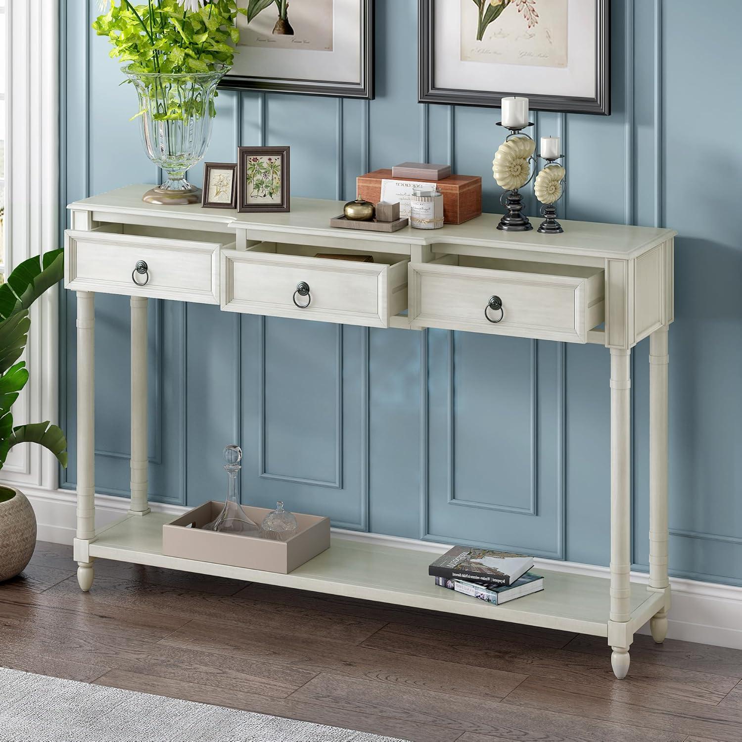 Antique White Solid Wood Console Table with Storage Drawers