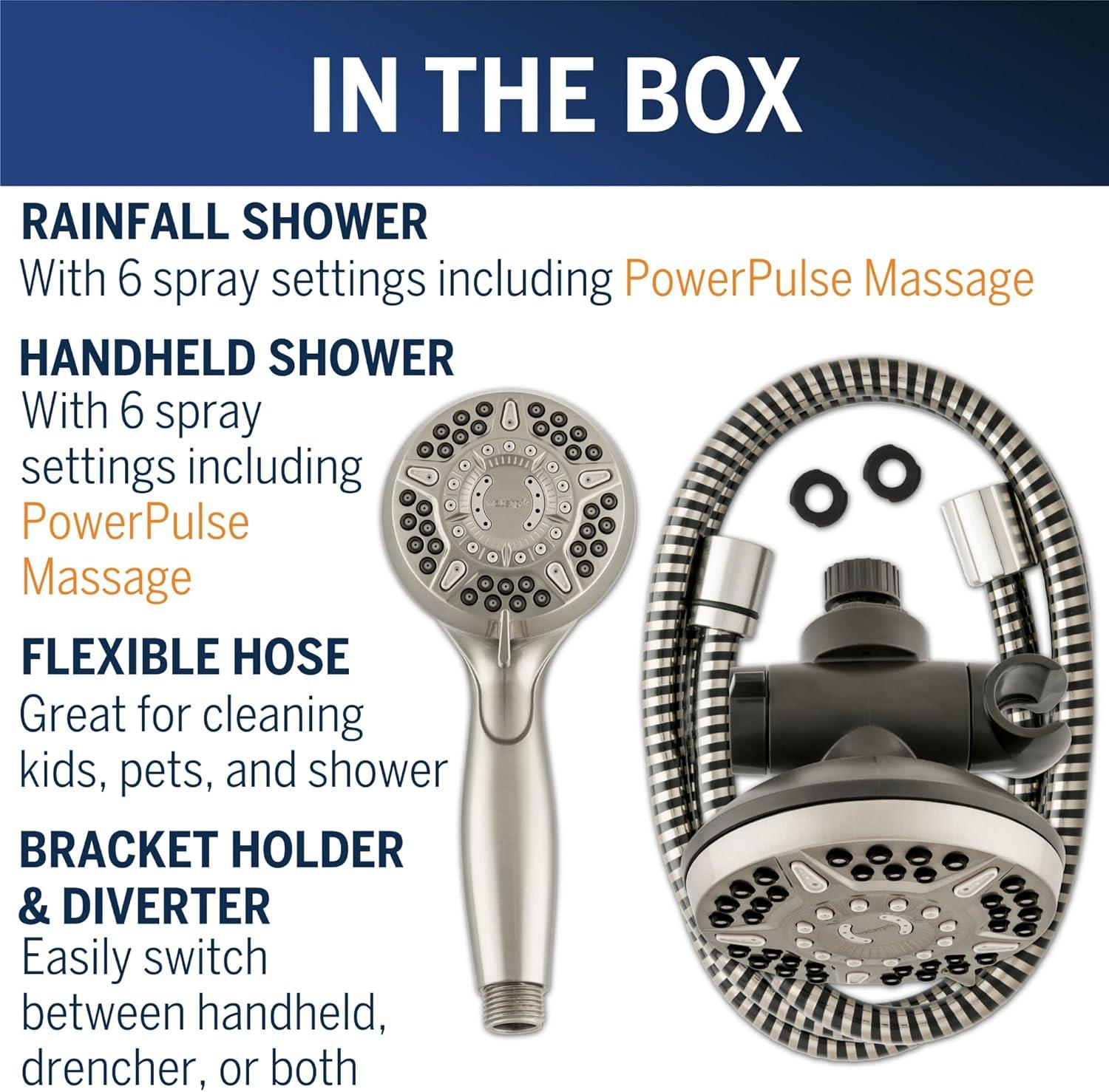 6+6 Power Pulse Dual Shower Head Brushed Nickel - Waterpik: EPA WaterSense, 12 Spray Options, Handheld Combo