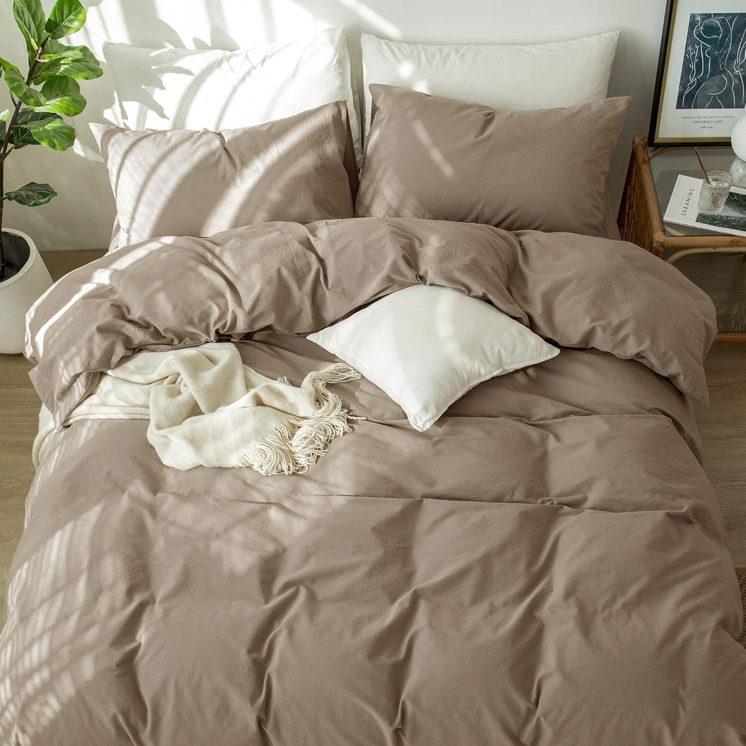 MooMee Washed Cotton Duvet Cover Set Linen Like Textured Breathable 3-Piece (Brown, Queen)