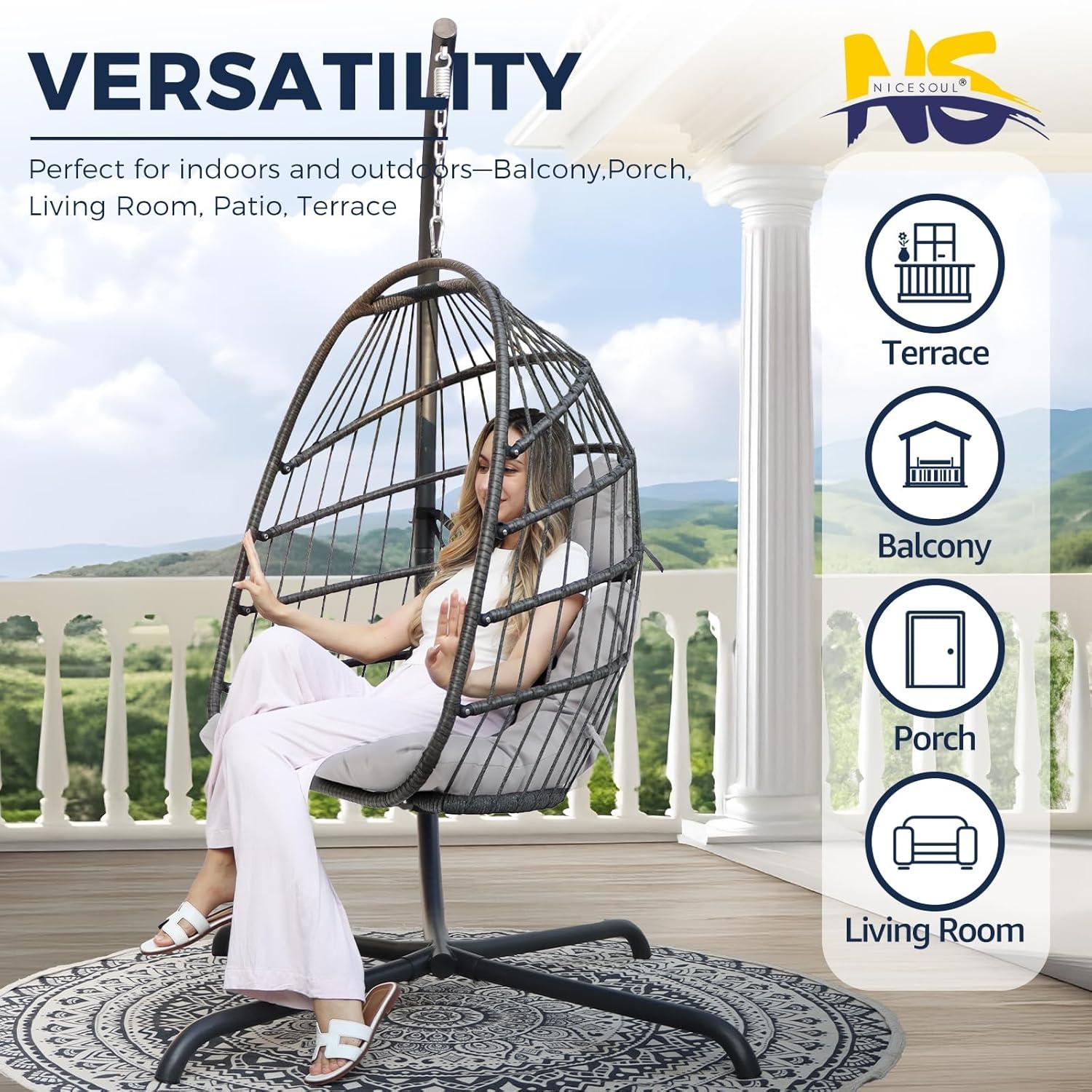 NICESOUL All Weather Swing Egg Chair Indoor Outdoor, Comfy Rattan Patio Basket Hanging Chair with Stand and Cushions, 350lbs Heavy Duty Sturdy Egg Hammock Chairs for Porch Balcony Deck Garden, Gray