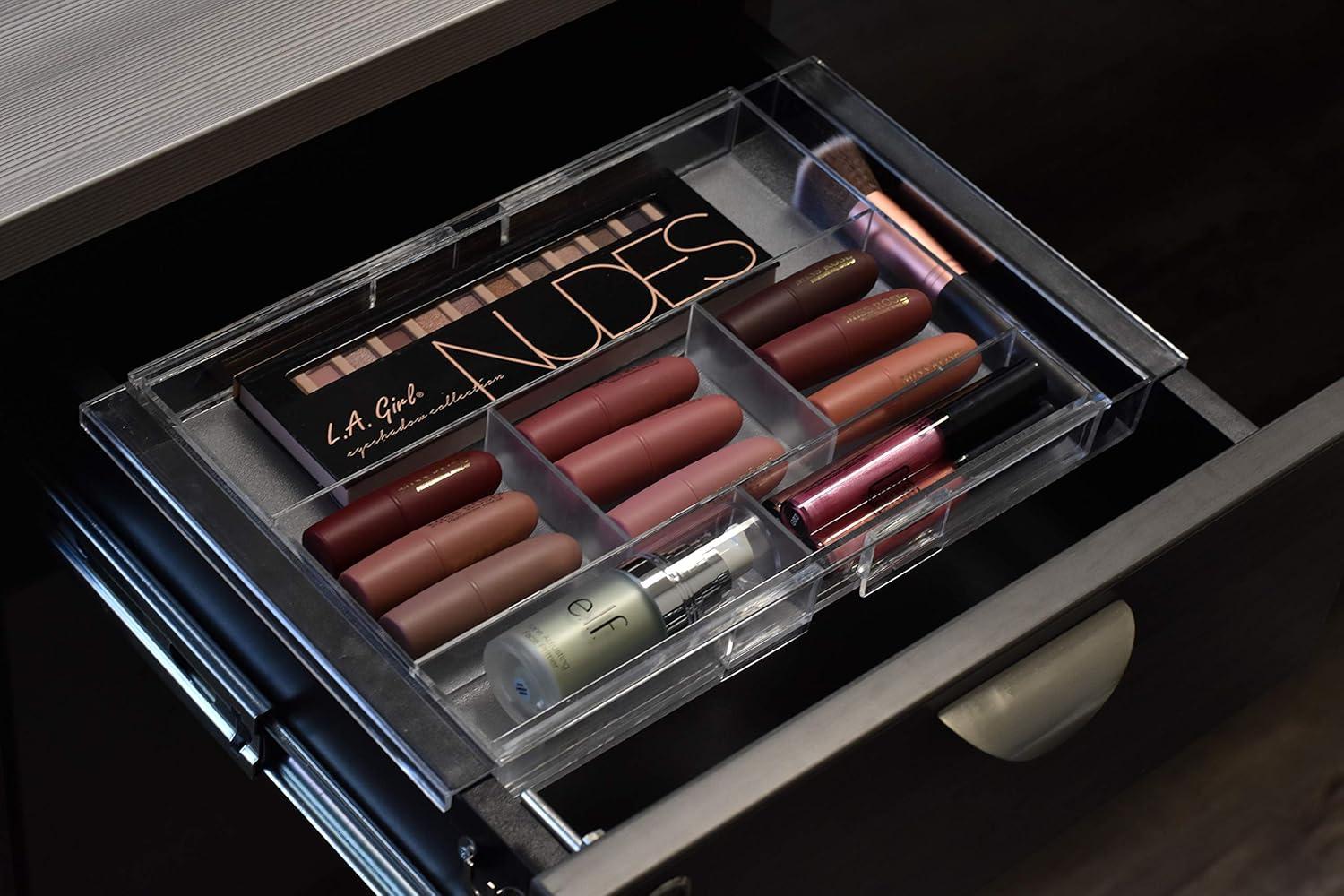 Masirs Expandable Drawer Organizer - Customizable Makeup Vanity Organizing Storage Tray for Bathroom, Bedroom & Desk Drawers - Clear Plastic Cosmetics Organizers with Expanding Compartment (Set of 2)