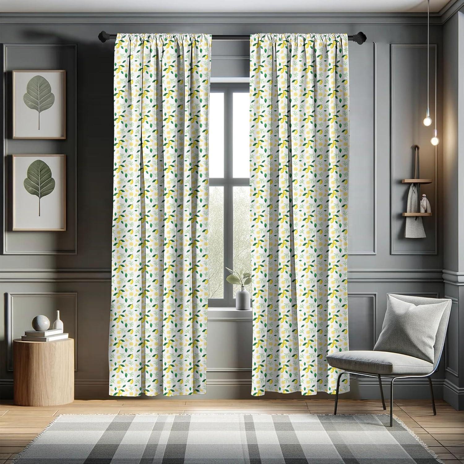 Ambesonne Lemon Curtains, Summer Juicy Slices Branch, Pair of 28"x95", Yellow Green and White