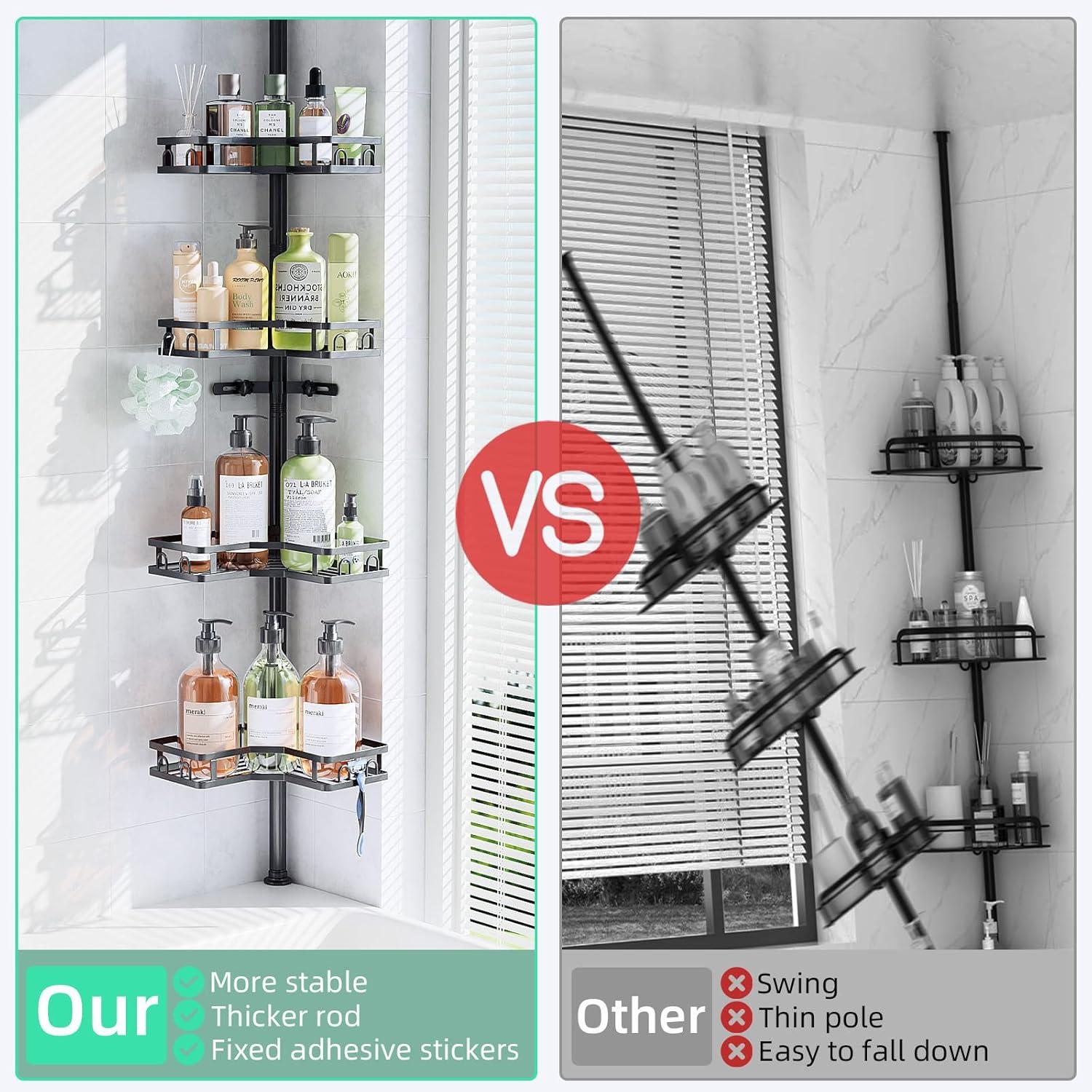 Corner Shower Caddy Tension Pole - 62-115INCH - 4-Tier Rustproof Bathroom Organizer Shelves, Adjustable Bathtub Tub Shampoo Storage