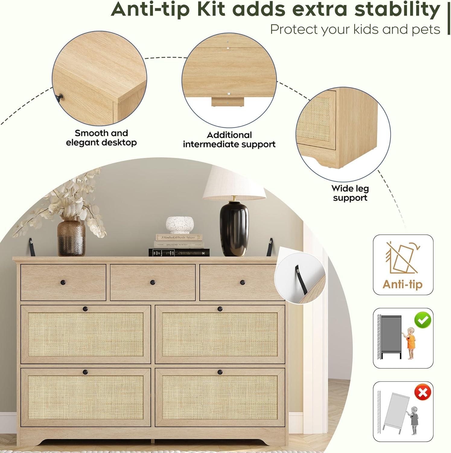 Yechen 7 Drawers Natural Rattan Dresser for Bedroom, Mid-Century Modern Natural Wood Dressers with Elegant Tabletop, Boho Chest of Drawers TV Stand with Sturdy Base for Living Room, Baby Nursery