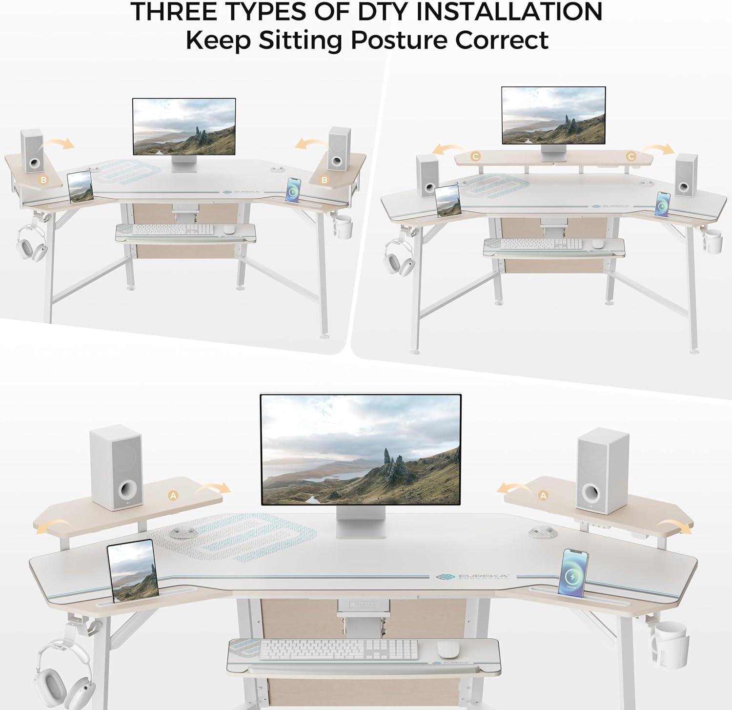 EUREKA ERGONOMIC 72" Computer Desk W Keyboard Tray, Wing-Shaped Music Studio Desk, Large Gaming Desk W LED Convertible Monitor Stand Dual Headphone Hanger for Recording Live Streamer,Maple