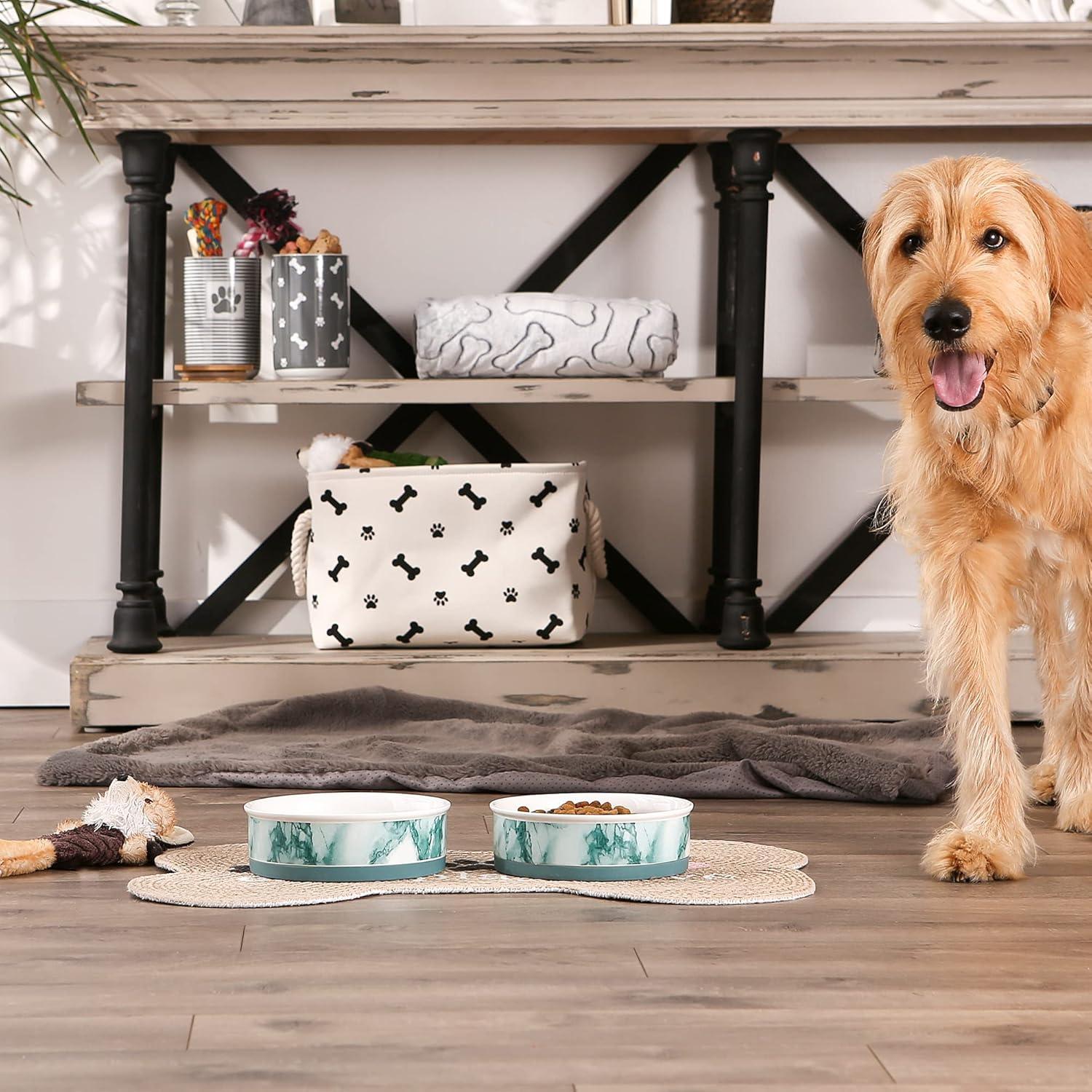 Teal Marble Ceramic Pet Bowls with Non-Slip Base, Large, Set of 2