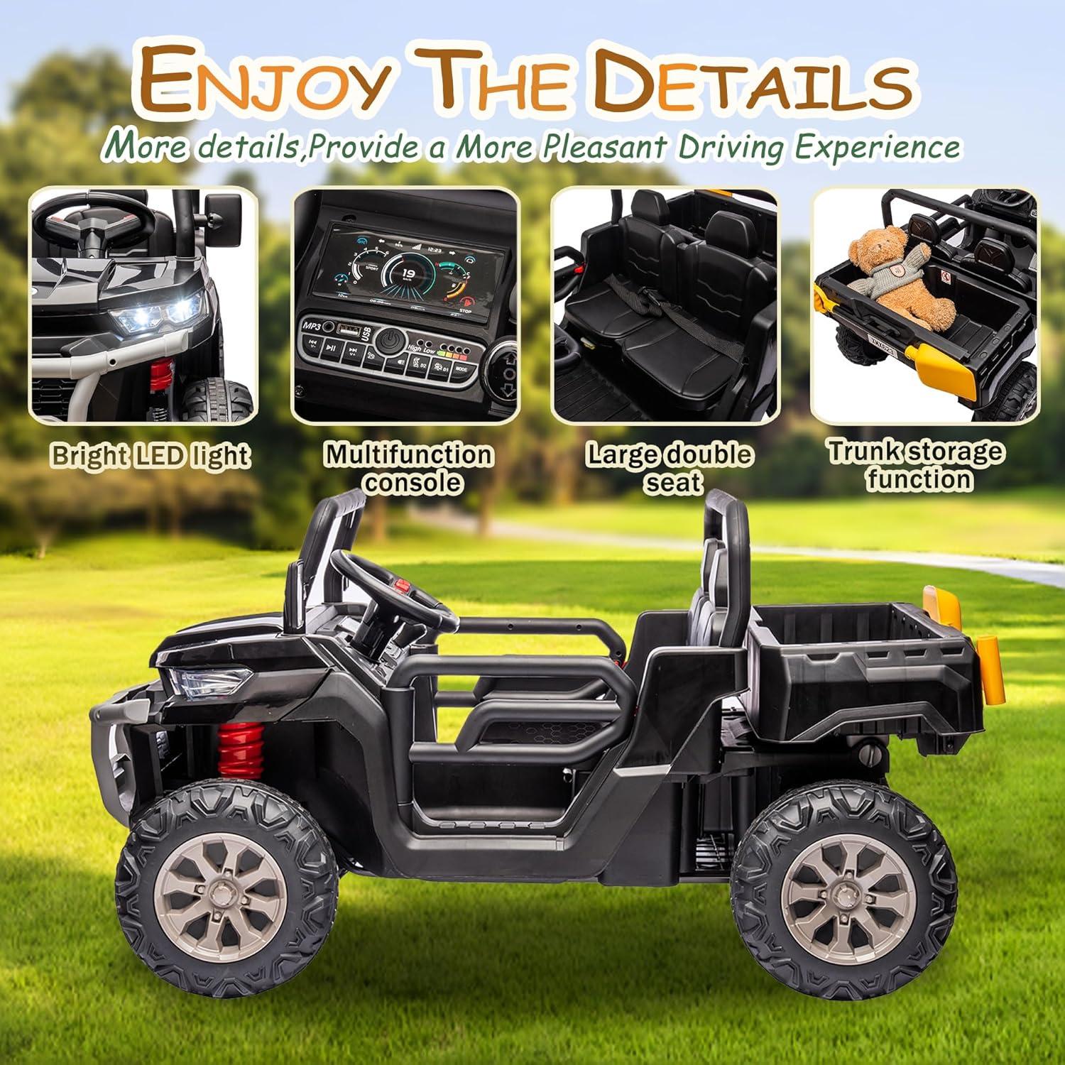 Funride 4WD 24 Volt Ride on Toys with Remote Control, 2 Seater Power Car Wheels UTV Toys, Ride on Truck Car w/ Electric Dump Bed, Shovel, Bluetooth Music