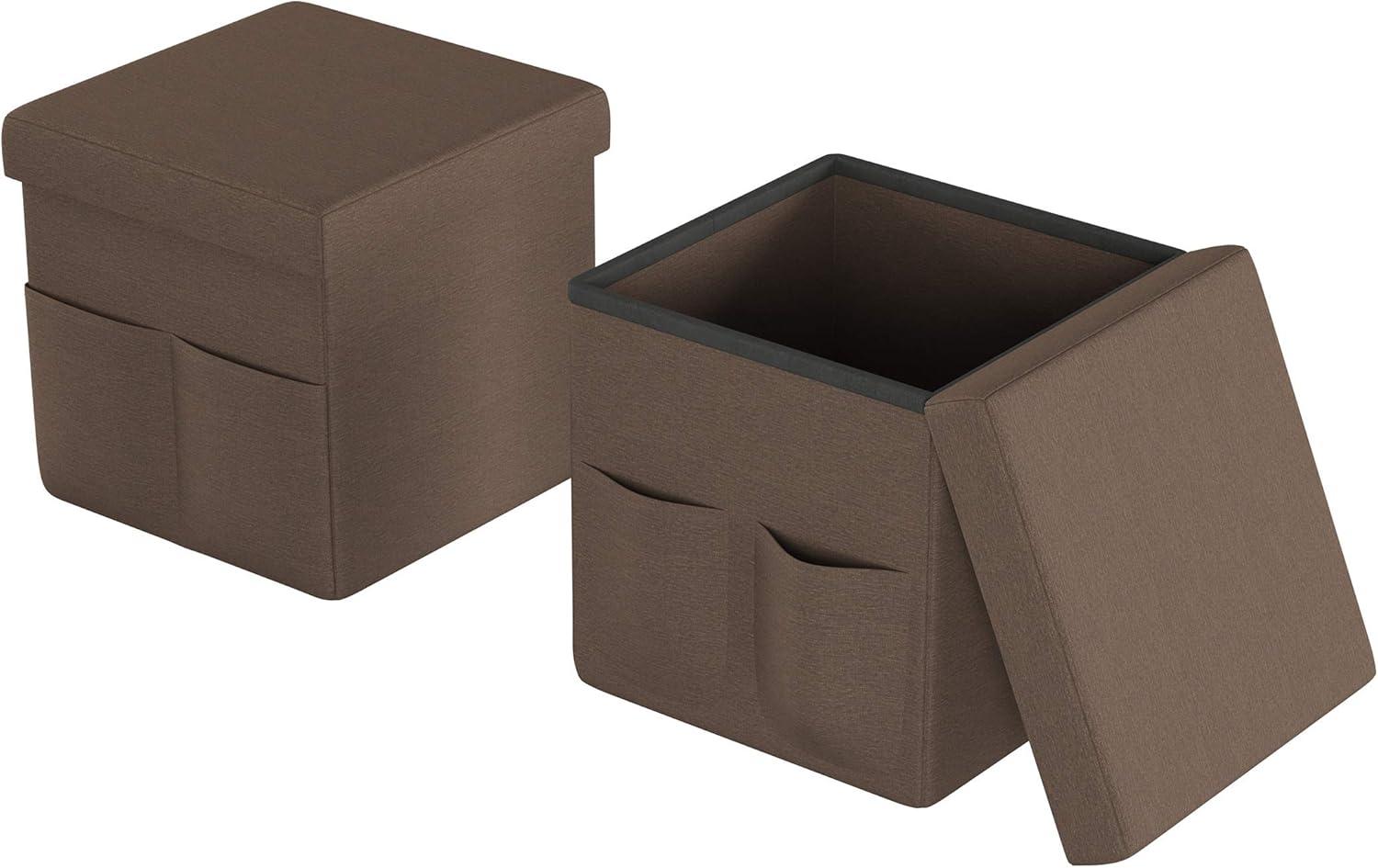 Compact Linen Brown Folding Storage Ottoman Cube with Pockets