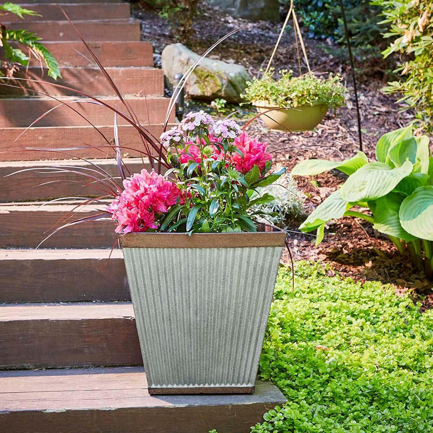 Southern Patio HDR-046851 16 Inch Square Rustic Resin Indoor Outdoor Garden Planter Urn Pot for Flowers, Herbs, and Flowers