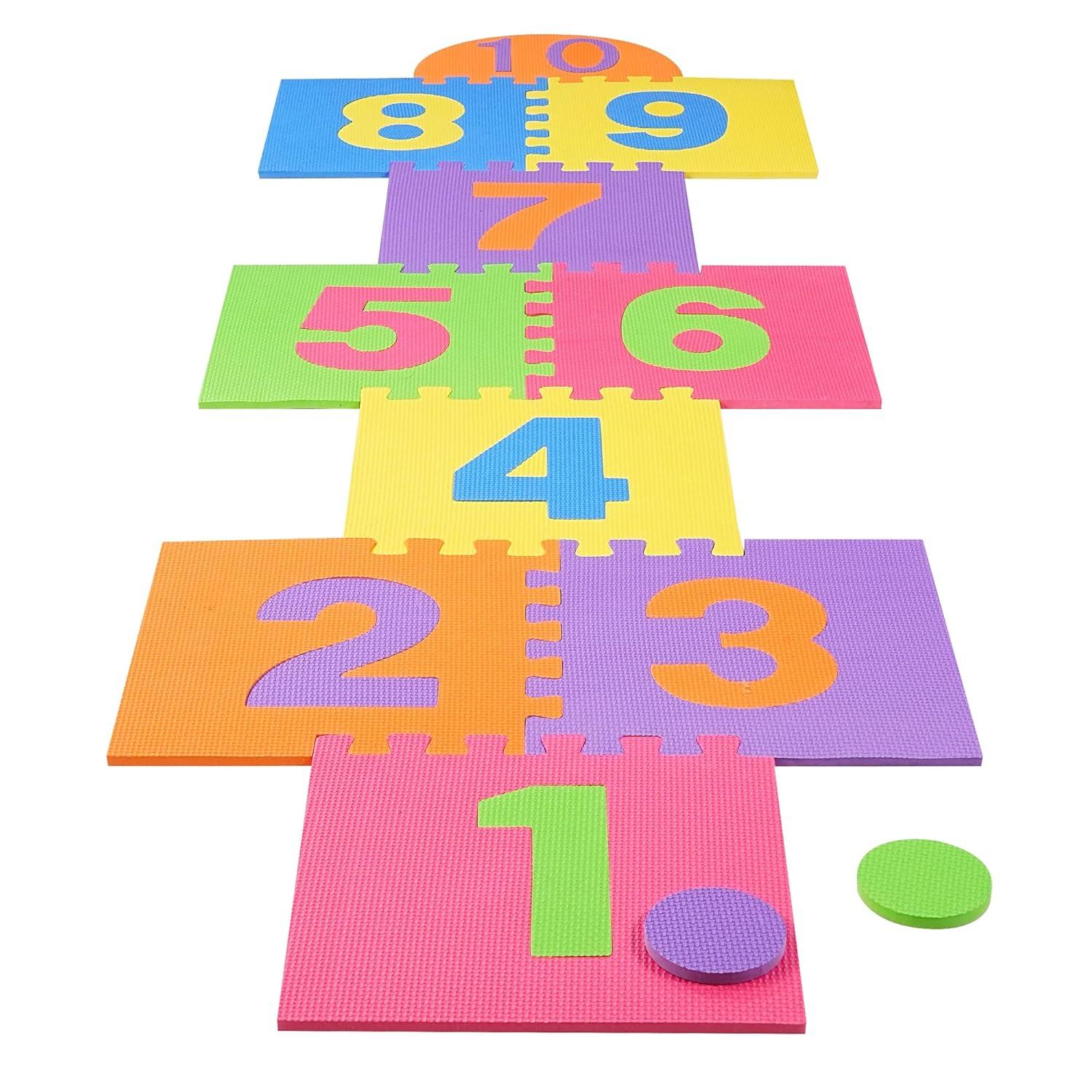 Hopscotch Playmat Foam Interlocking Puzzle Floor Mat - 10 Large Number Tiles (12" by 12" Square Blocks)